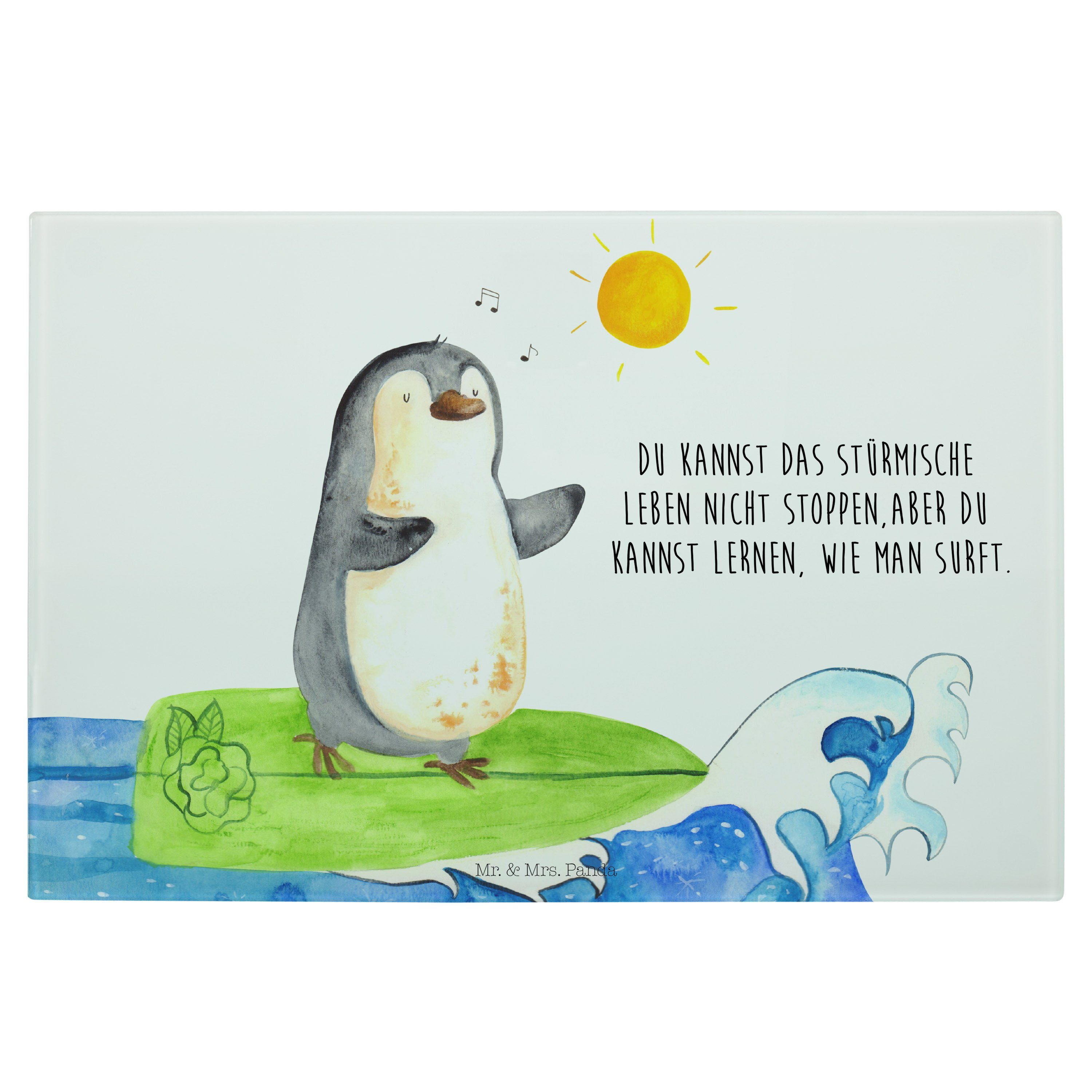 Mr. & Mrs. Panda Servierbrett Pinguin Surfer - Weiß - Geschenk, Schneidebrett, Wellen, Glasschneide, Premium Glas, (1-St)