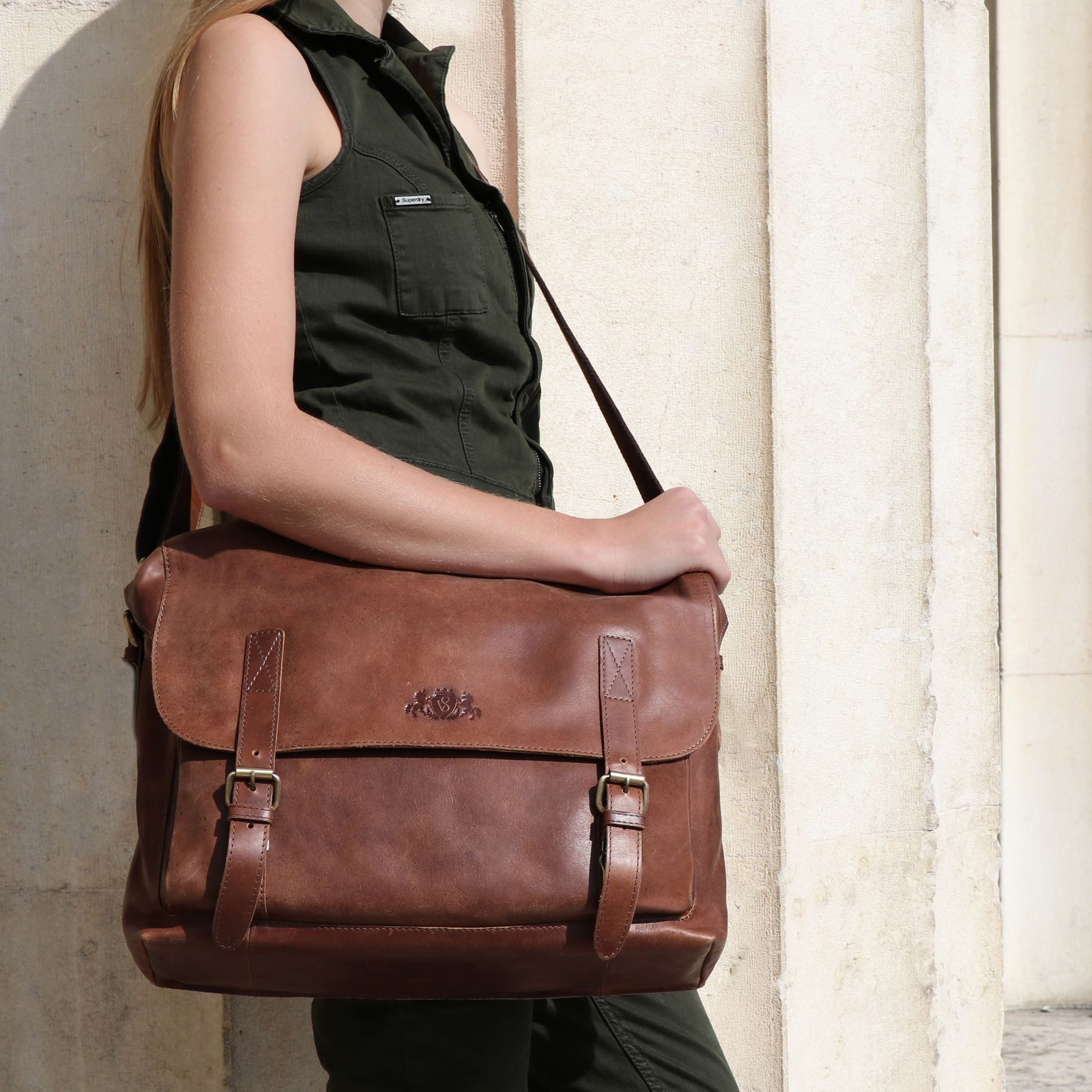 SID & VAIN Messenger Bag ETON Aktentasche 15 Zoll Laptop-Fach echt Leder, Businesstasche elegant flach Herren Damen Arbeitstasche braun