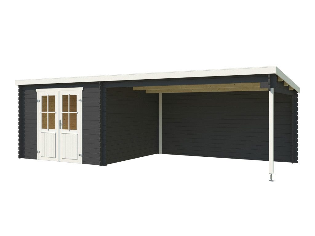 LASITA MAJA Gartenhaus Lasita Blockbohlenhaus St. Louis Exklusiv 28 mm carbongrau m. Anbau, BxT: 695x309 cm, Anbaudach, 28 mm Wandstärke, Einzeltür mit Echtglas-Einsätzen