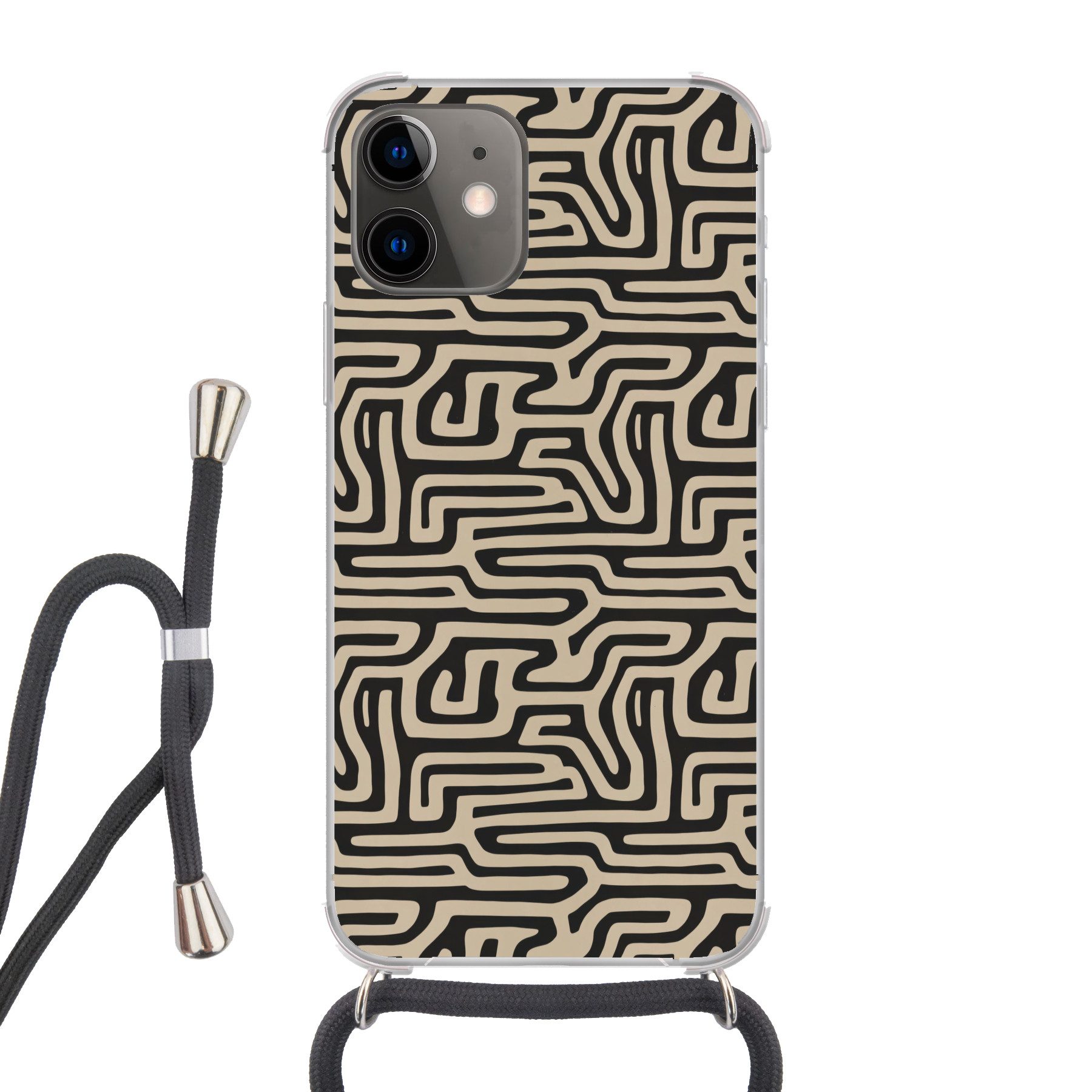 MuchoWow Handyhülle für Apple iPhone 12 Grafik - Linien - Schwarz, Tragbare Handyhüllen mit Kette zum umhängen, Handykette Handyband