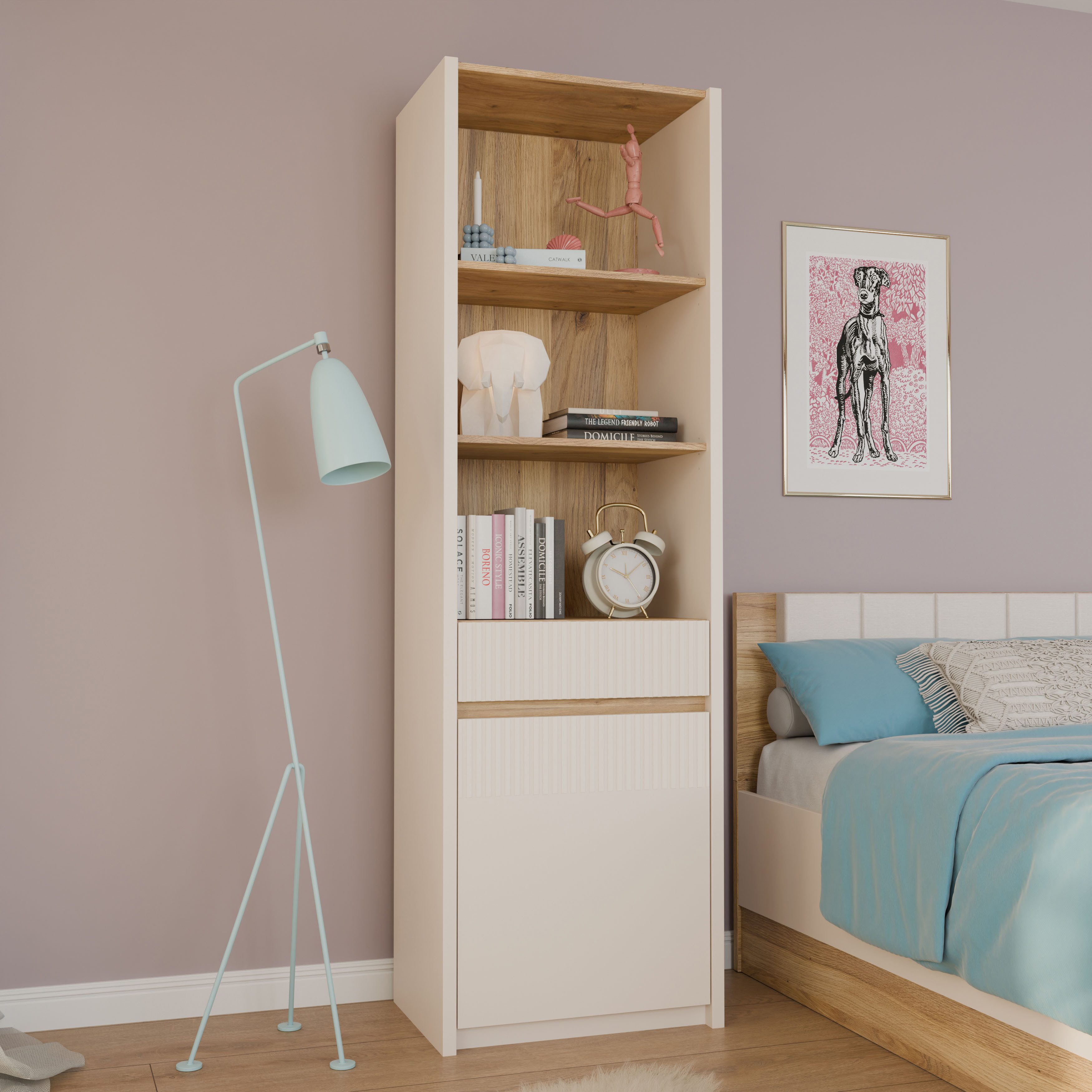 FORTE Stauraumregal Oak Squere, Schubkasten mit Vollauszug, Front Lamellenoptik, inklusive Beleuchtung