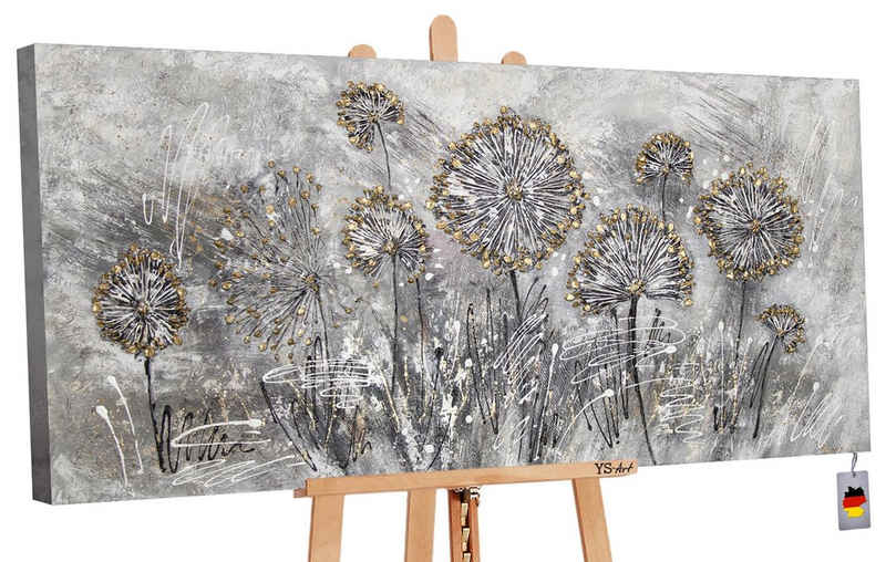 YS-Art Gemälde »Frühlingsblumen«, Löwenzahn Leinwand Bild Handgemalt Gold Grau Schwarz Blumen