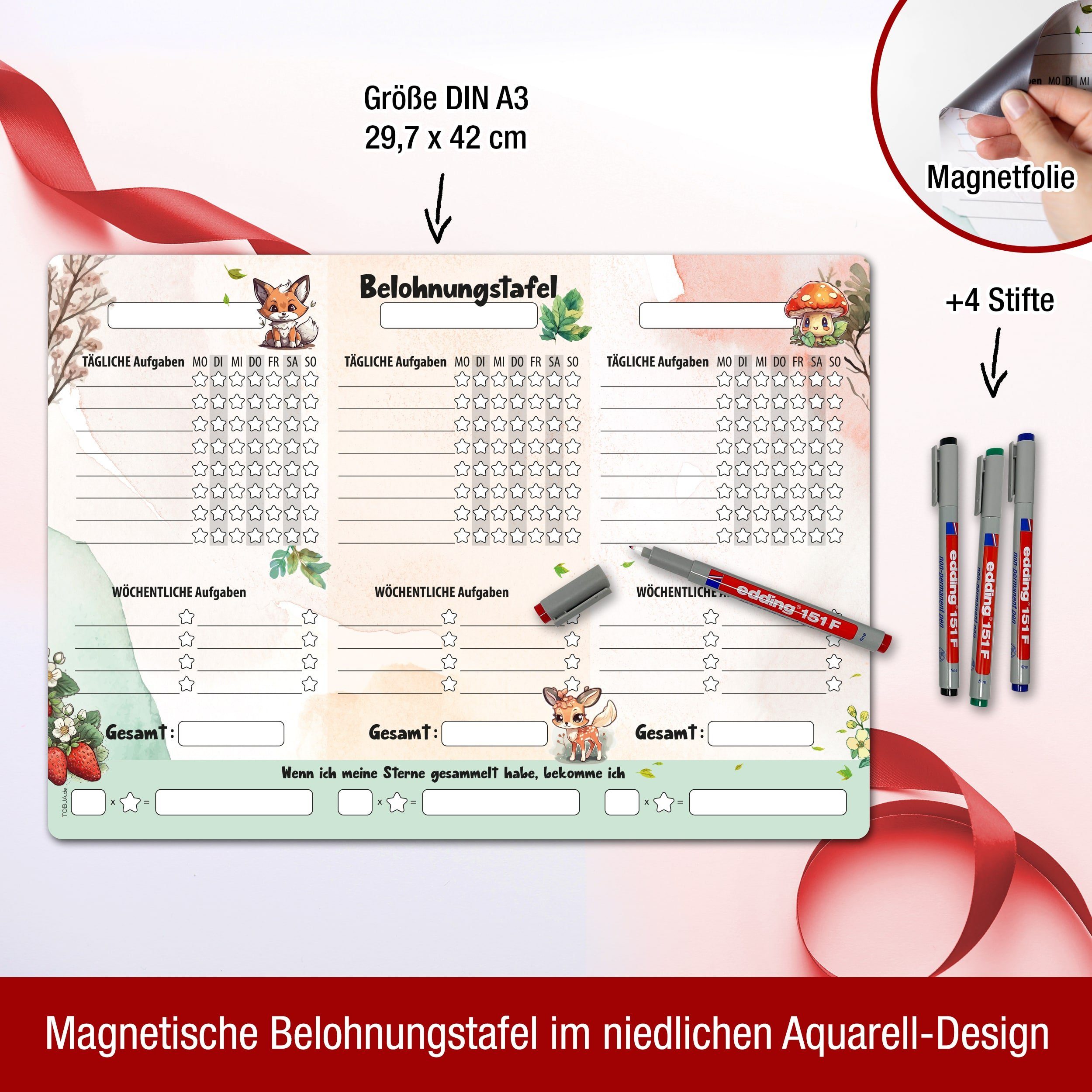 TOBJA Magnettafel A3 Belohnungstafel [Waldtiere] +4 Stifte Kinder magnetisch, Belohnungssystem magnetisch inkl. 4 Bunte Markenstifte