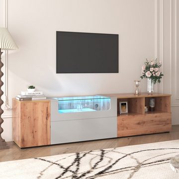 Ulife Lowboard TV-Schrank mit LED-Beleuchtung und Glasplatte, Fernsehtisch im Landhausstil, Natürlicher Landhausstil