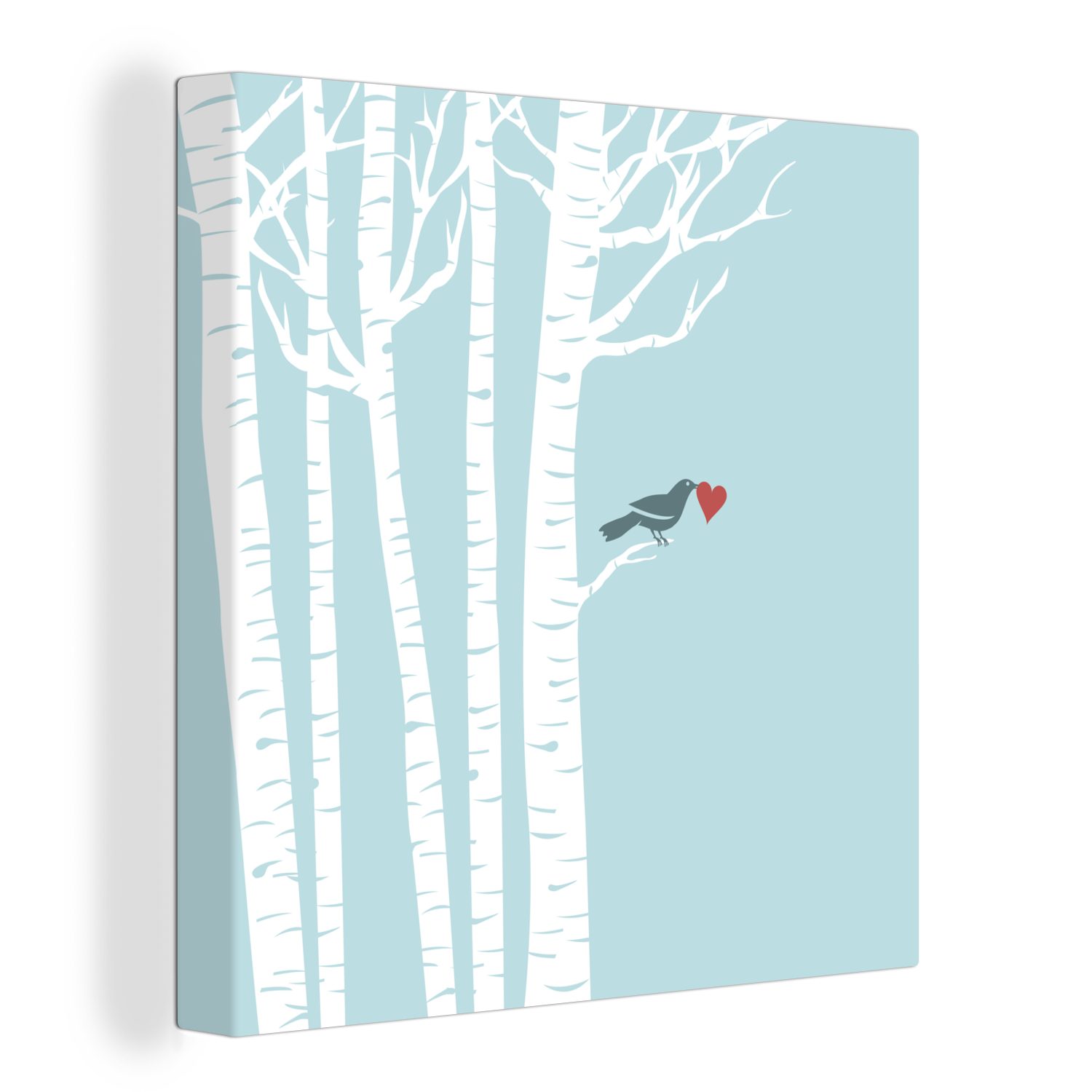 OneMillionCanvasses® Leinwandbild Eine Illustration eines Vogels mit Herz in einer Birke, (1 St), Leinwand Bilder für Wohnzimmer Schlafzimmer