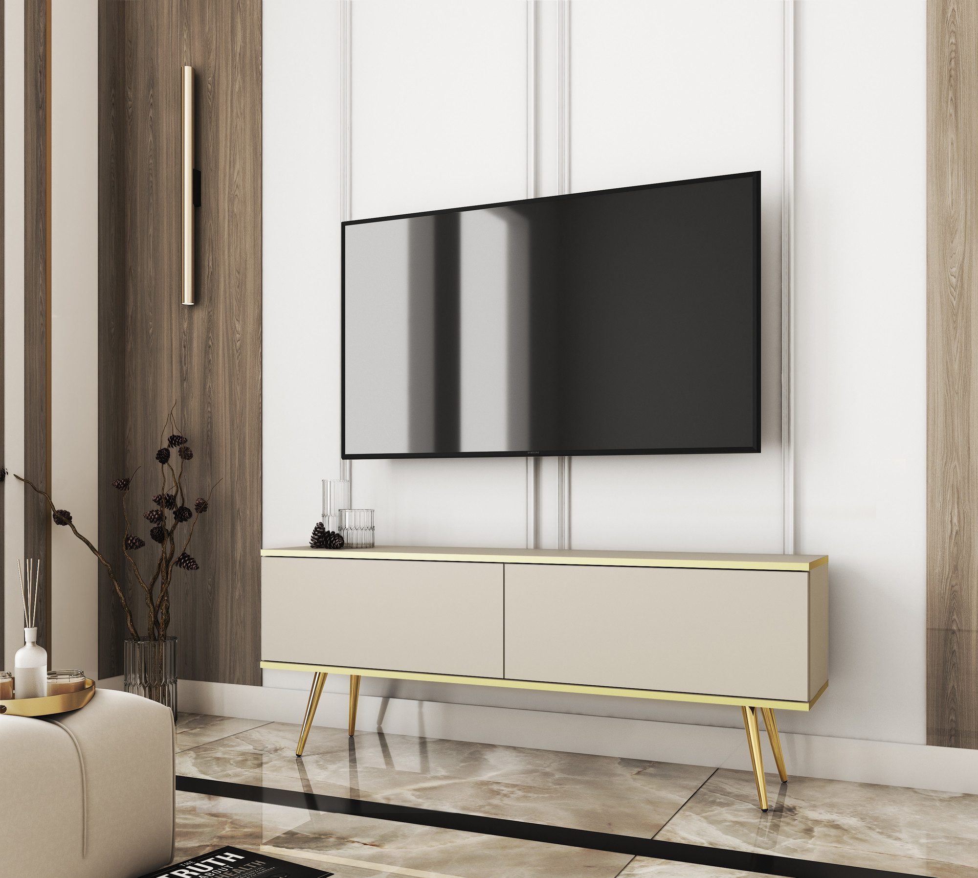 MOEBLO TV-Board DAYN NEW (Lowboard Fernsehtisch TV Bank TV Tisch Fernseher Tisch TV Möbel, goldene/schwarze Metallbeine), 135/175x30x32