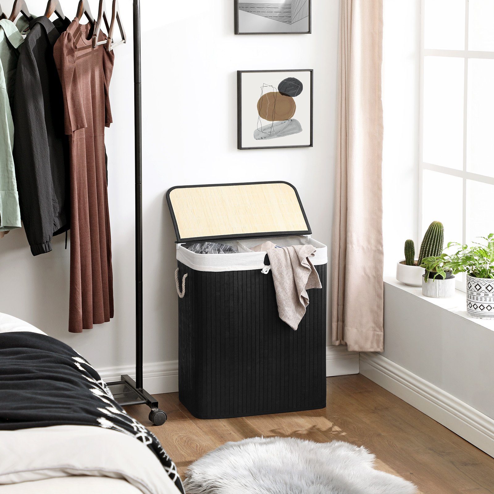 SONGMICS Wäschekorb, aus Bambus, mit 2 Fächern, herausnehmbarem, 100 L günstig online kaufen