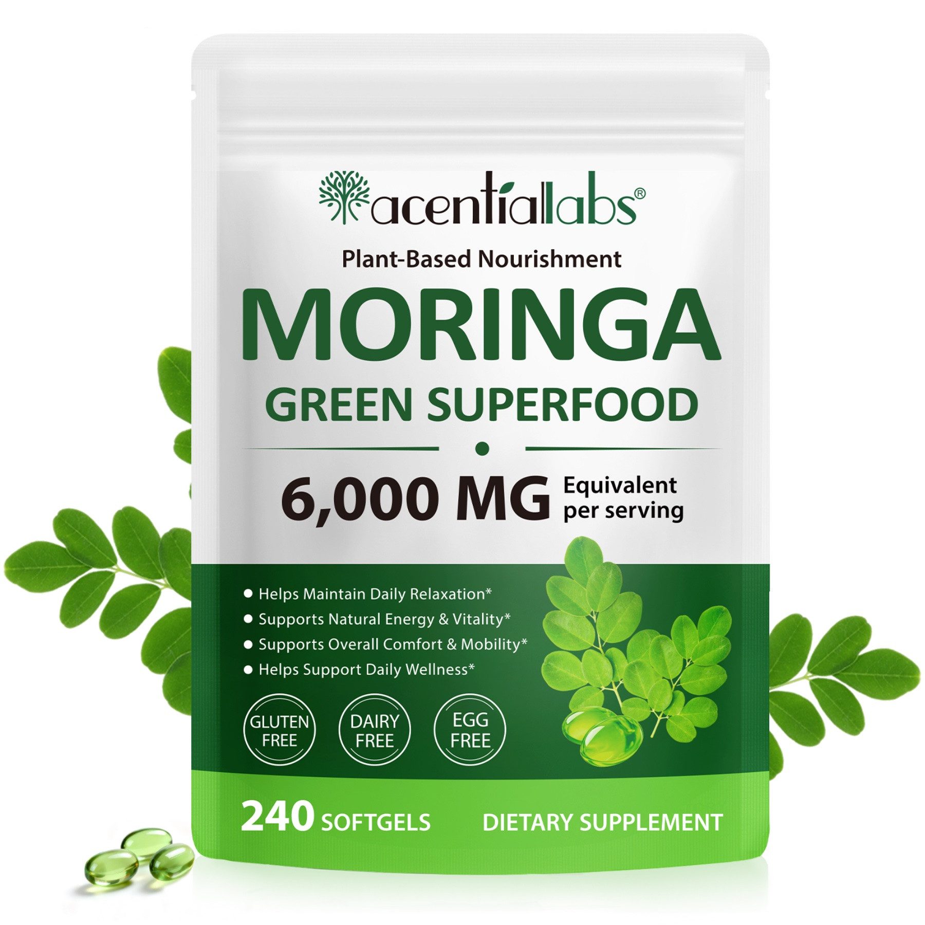 Acentiallabs Moringa Blattpulver Softgels Kapseln 6000mg Hochdosiert Vegan 240 St Kapseln, 240 er, Ergänzungsmittel, Nahrungsergänzungskapseln, Softgels, Moringa