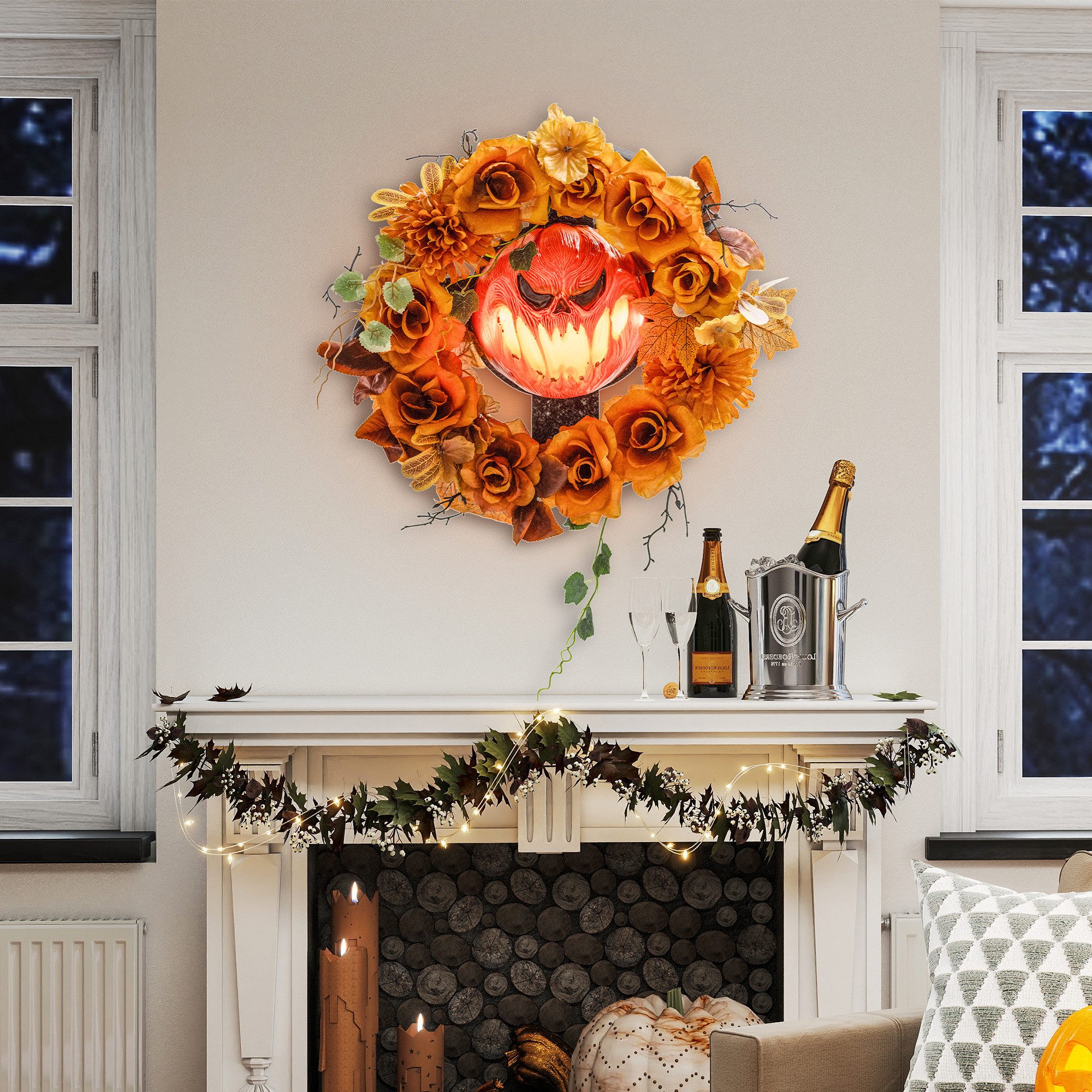 Outsunny Dekofigur Hängender Kürbis-Kranz mit 44 LEDs & Flammeneffekt, Haustür Deko (Halloween-Kranz, 1 St., Halloween-Dekoration), Horror-Requisiten für Halloween, Orange