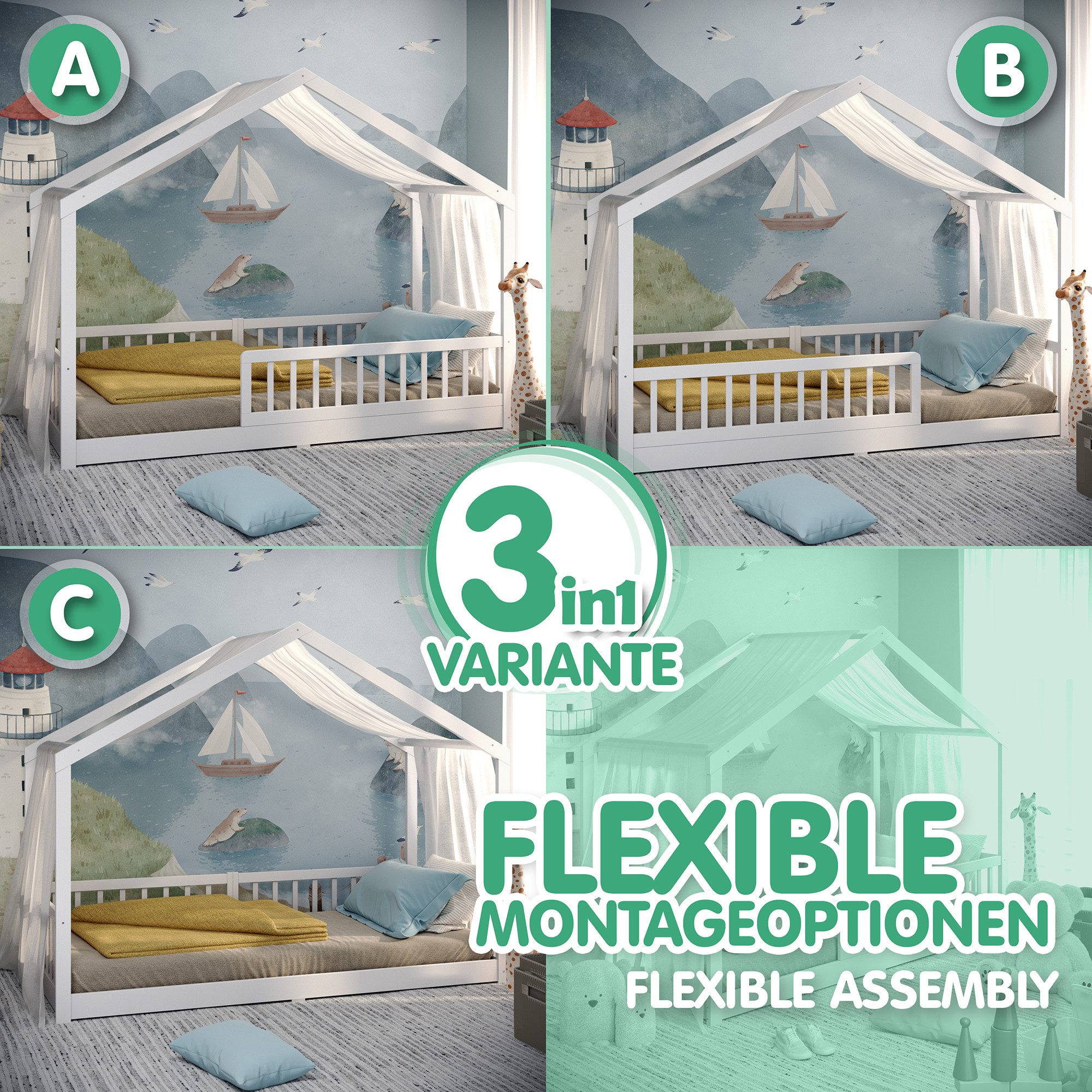 CADANI Kinderbett Malte Hausbett Bodenbett Rausfallschutz abnehmbar bis 200 kg belastbar (90x200 cm, Montessori Kinder- & Jugendbett aus Kiefer Massivholz), inkl. stabilem Roll-Lattenrost, langfristig nutzbar, Weiss