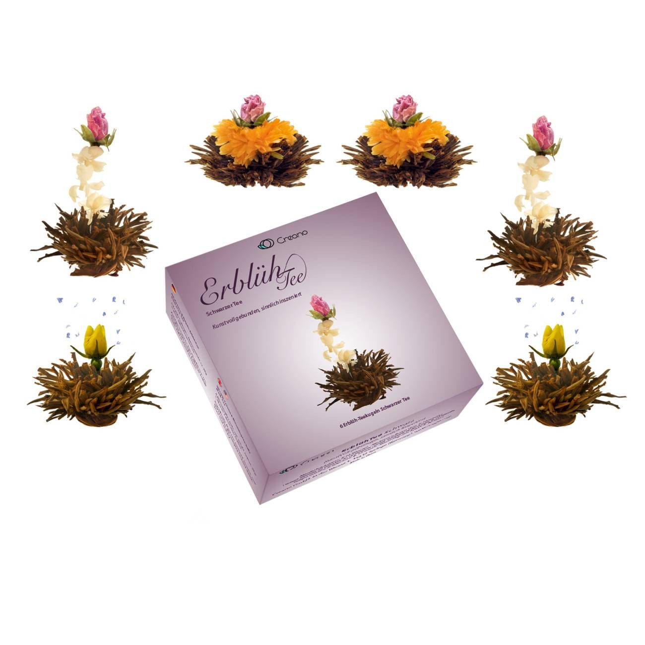 Creano Tee 6 Teeblumen Erblühtee - Schwarztee (3 verschiedene Sorten Teerosen), 1 x 6 St.
