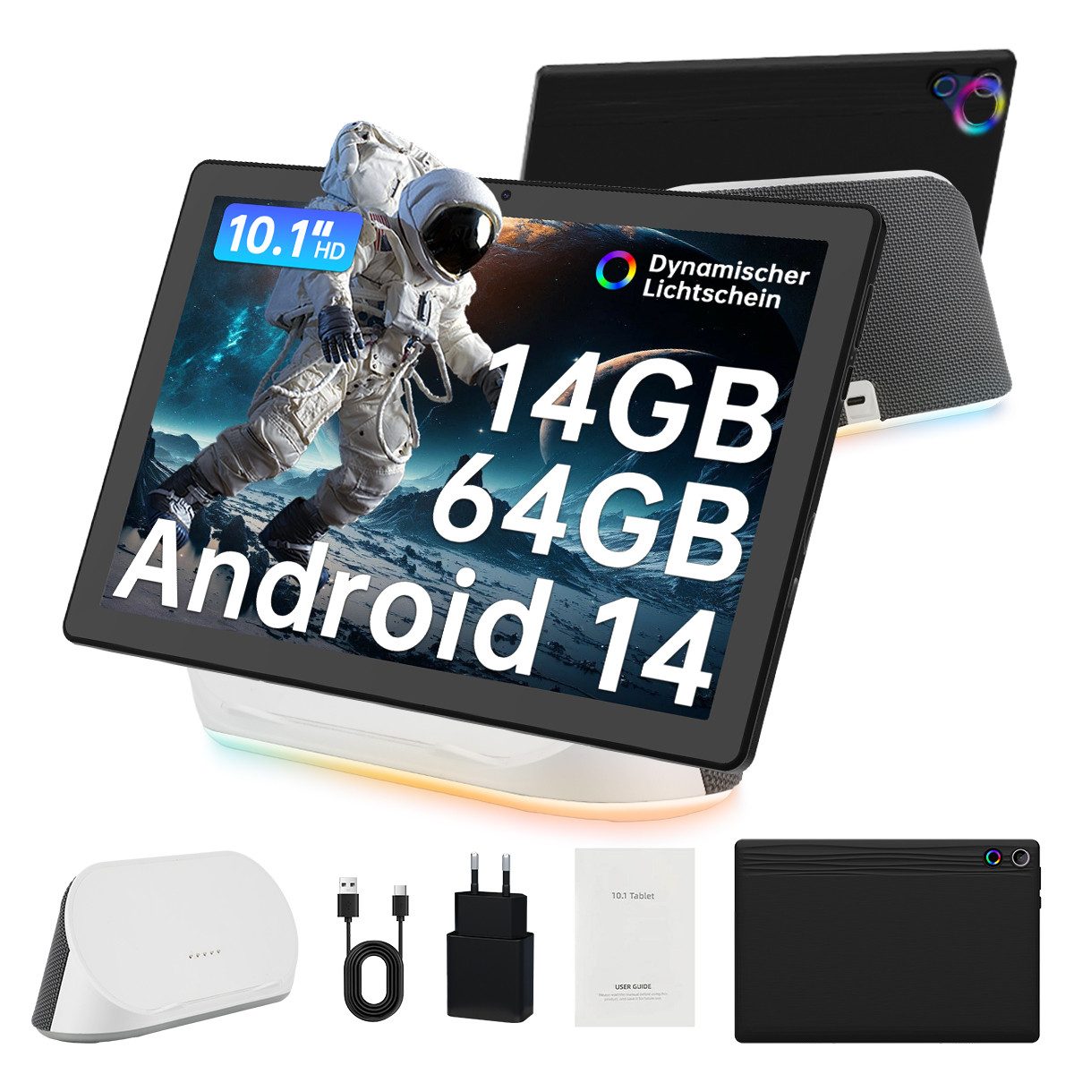 BUFO 10 Zoll Android 14 Tablet mit Ladedock & Lautsprecher, 14(3+11)GB+64GB Tablet (10", 64 GB, Android 14, WiFi 6, BT 5.0)