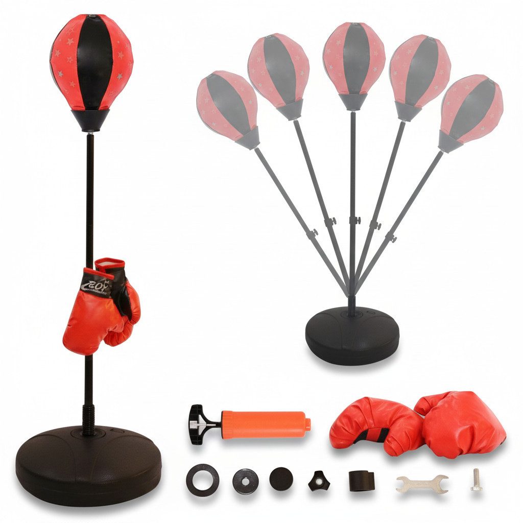 Mucola Standboxball Standboxsack für Kinder – höhenverstellbar, Standfuß & Boxhandschuhen (Trainingsset, 1-tlg., 4-teiliges Set), Höhenverstellbar, federnder Boxball, Standfuß, Boxhandschuhe