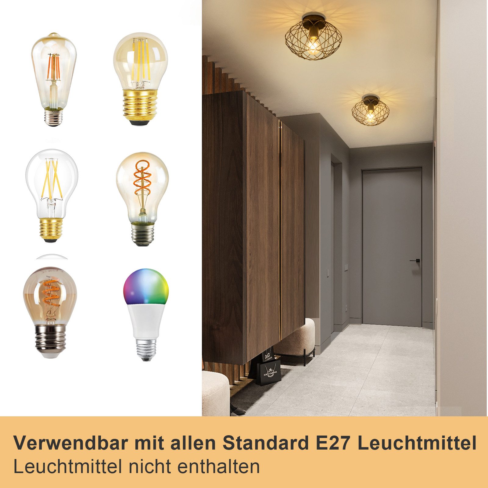 Nettlife Deckenleuchte Schwarz Vintage Kaefig Deckenstrahler E27 Lampenfassung Metall, LED wechselbar, Einzeln Esszimmerlampe für Wohnzimmer Küche Schlafzimmer  – Bild 3 von 5