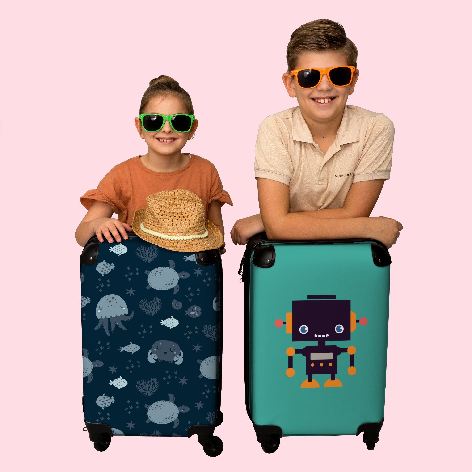 - Kinderkoffer Kindertrolley, rollen, Blau Ferien, für - Reisetasche NoBoringSuitcases.com© Koffer 4 Muster, Kind - Rollen, Handgepäck 55x35x20cm - Jungen Meerestiere mit