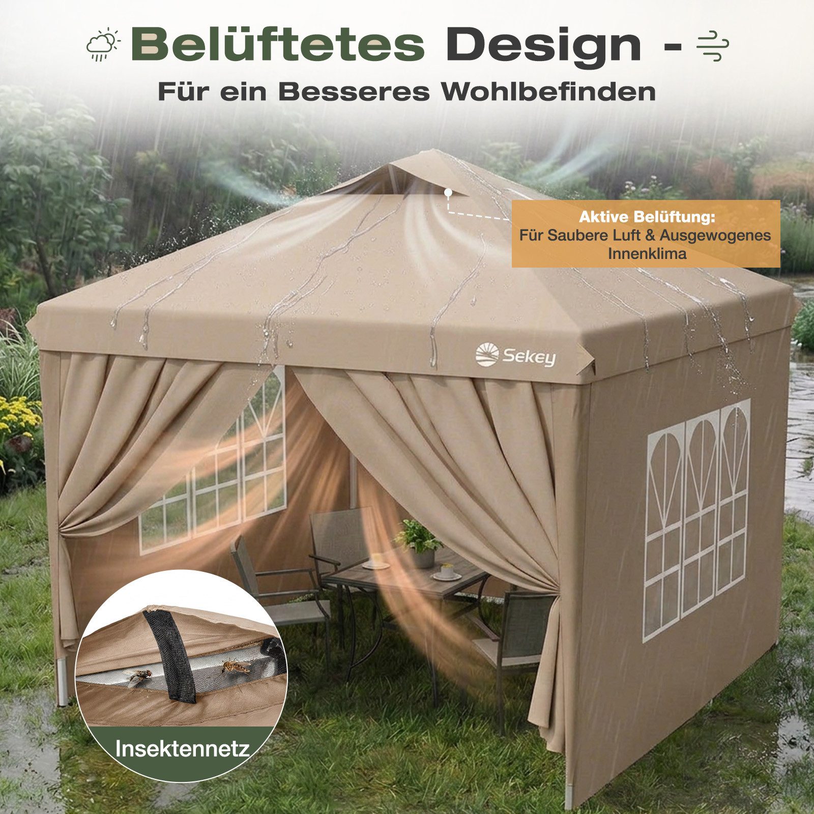 Sekey Pavillon 300 x 300 cm mit Seitenteile Faltpavillon Gartenpavillon Winterfest, mit 4 Seitenteilen, (inkl. 4 Seitenteile), Partyzelt höhenverstellbarer, Gar – Bild 4 von 5