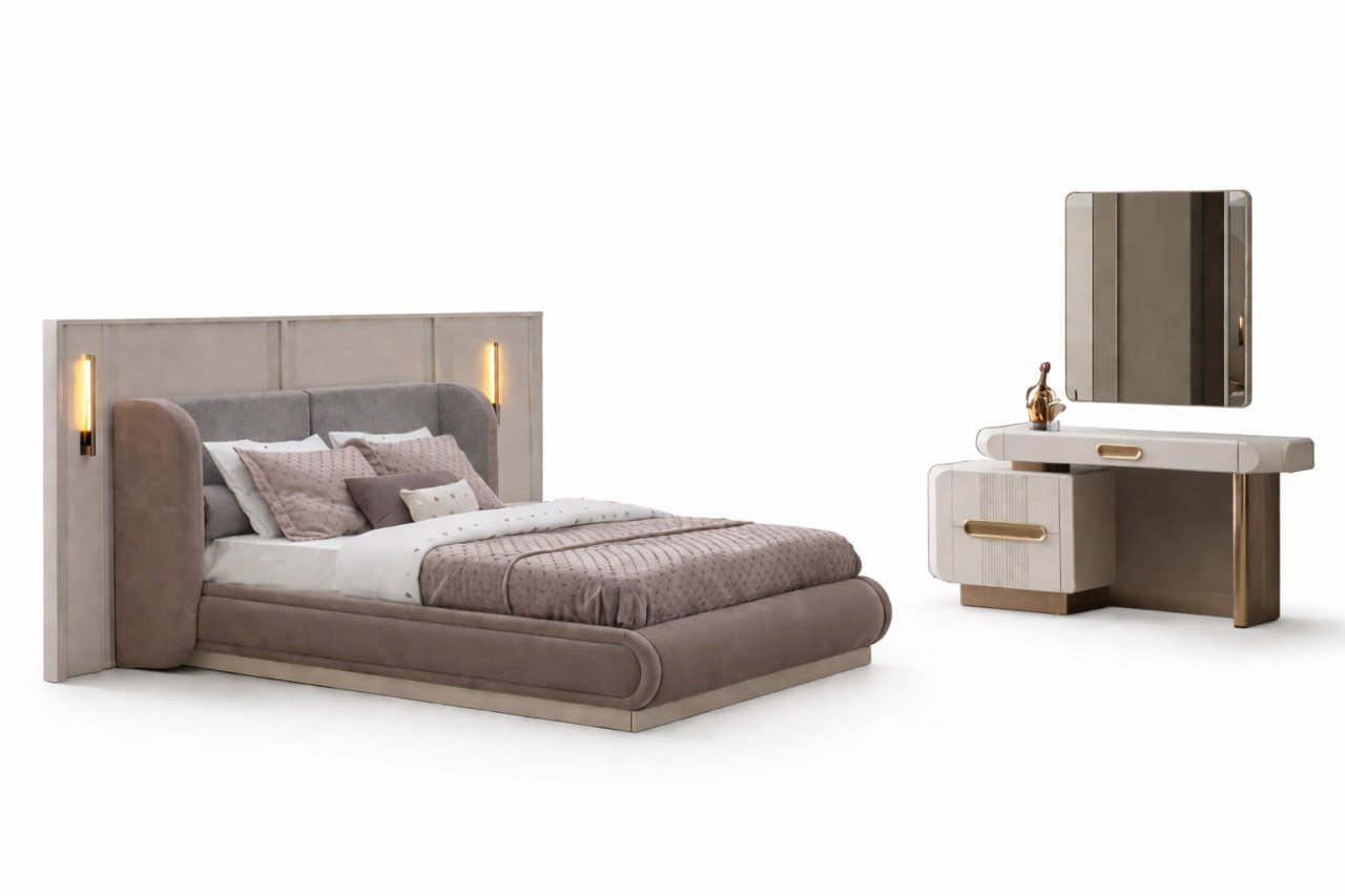Xlmoebel Schlafzimmer-Set Luxus Polsterbett & Frisiertisch Set Samt-Optik Beige Sofort, (3-tlg)