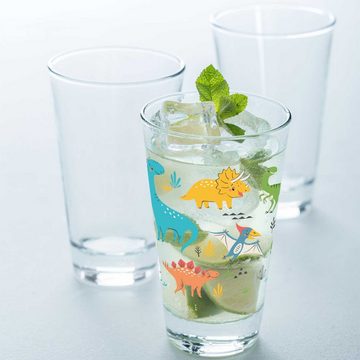 GRAVURZEILE Glas Leonardo Wasserglas mit UV-Druck - im Dinogruppe 360° Design, Glas, - Alltagstauglich - als Geschenk für Kinder zum Kindergeburtstag