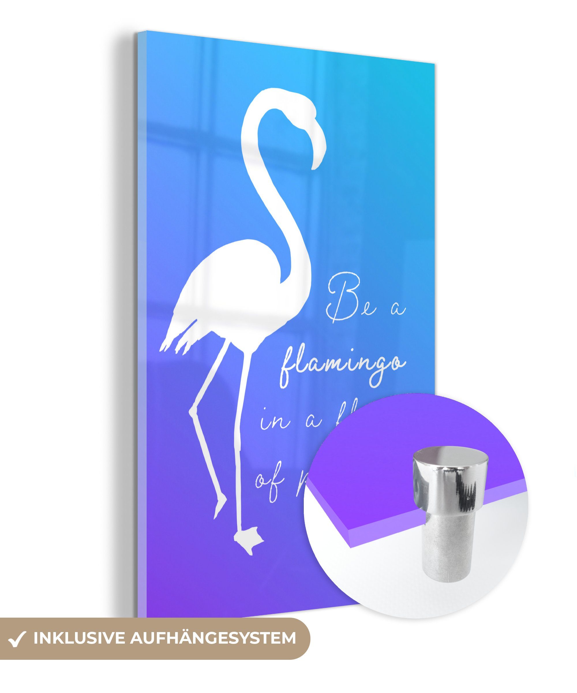 MuchoWow Acrylglasbild Blau - Weiß - Flamingo, (1 St), Glasbilder - Bilder auf Glas Wandbild - Foto auf Glas - Wanddekoration bunt