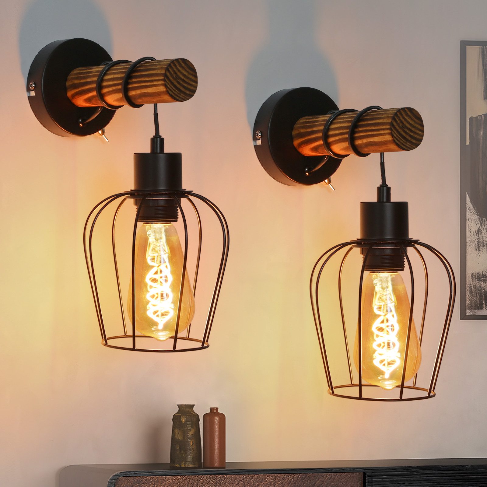 Nettlife Wandleuchte Holz Innen Wandlampe Vintage Schalter, mit Schalter, ohne Leuchtmittel, für Schlafzimmer Wohnzimmer Flur