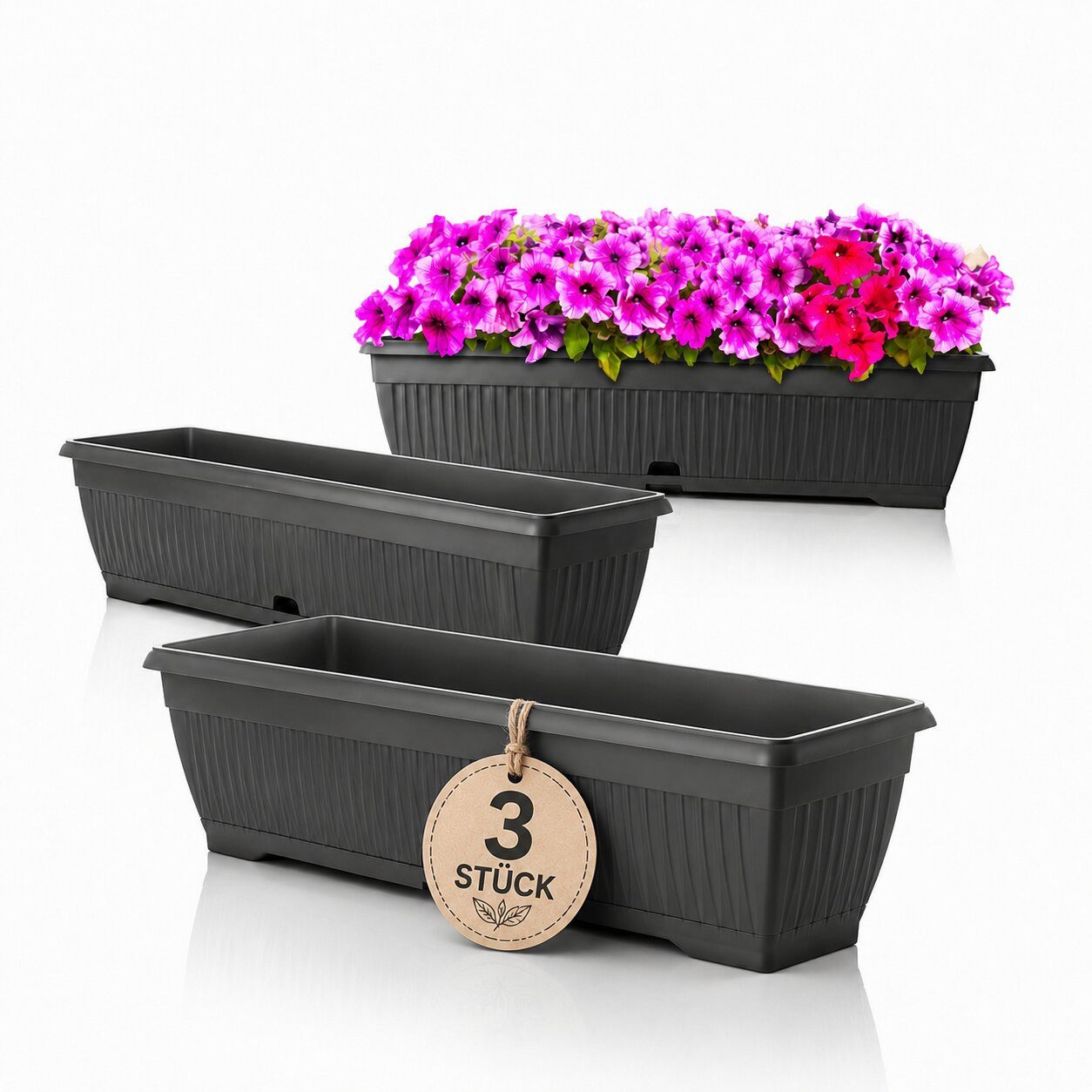 BigDean Blumenkasten Pflanzkasten 80cm mit Untersetzer & Wasserspeicher für Balkon (3-er, 3 St., Set), Bruchsicherer Kunststoff, Ganzjährig wetterfest, Made in Europe
