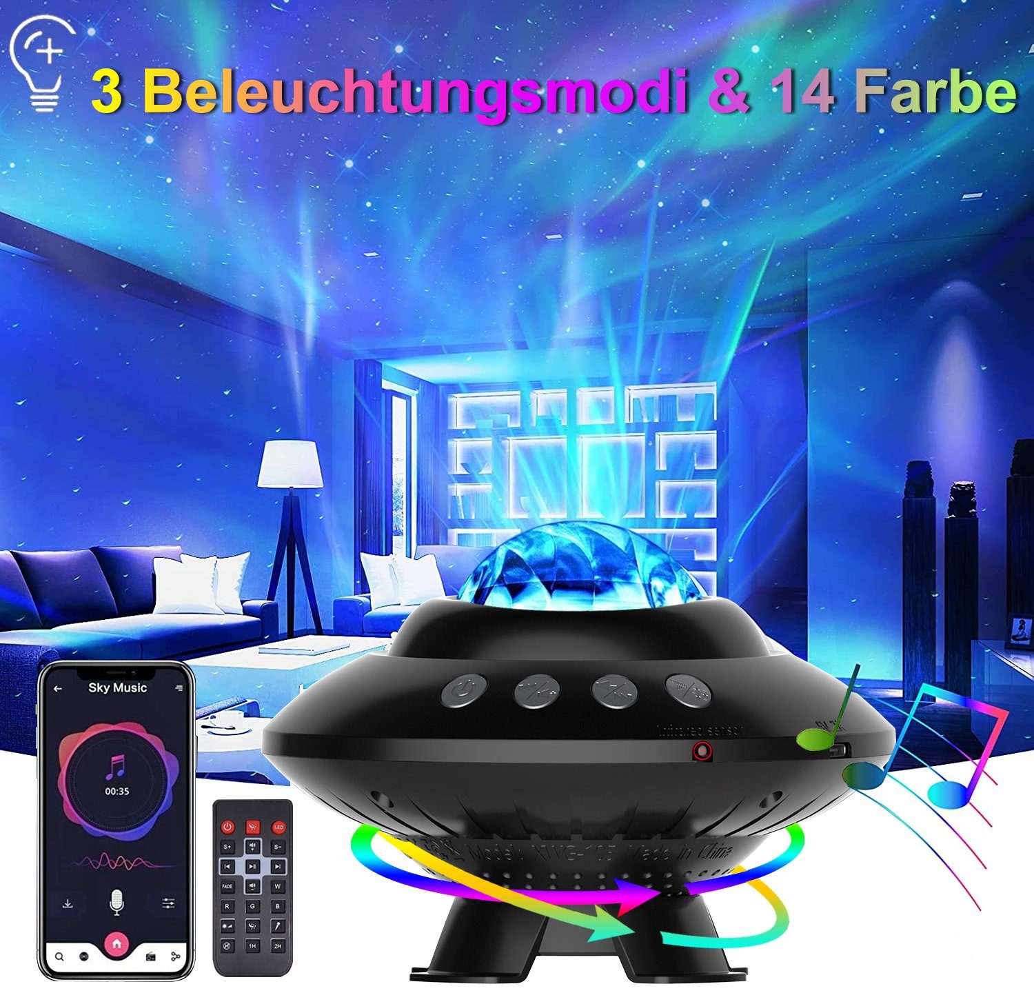 XIIW LED Nachtlicht Sternenhimmel Projektor, Funktion/Fernbedienung 3D Sternenprojektor, Nachtlicht Musik Player/Timing Galaxy Shwarz-UFO LED mit