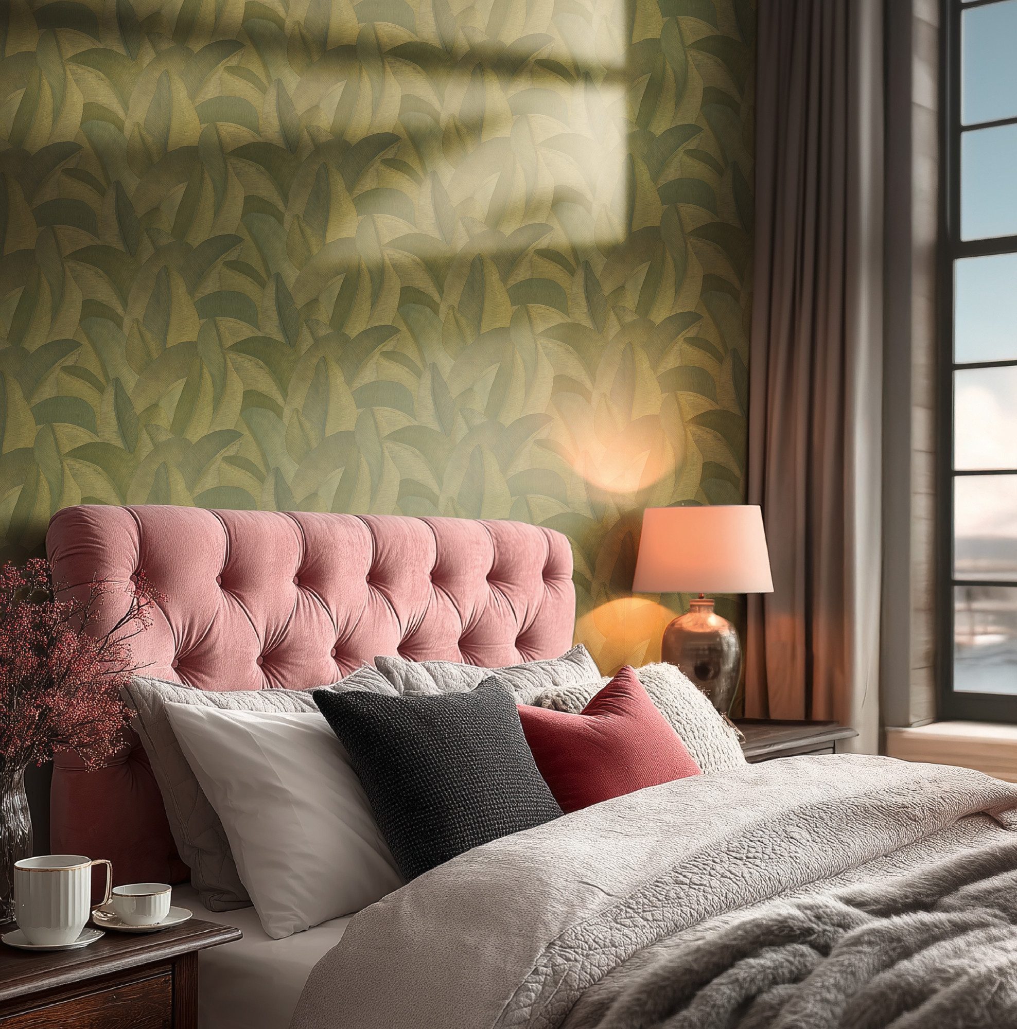 living walls Vliestapete Vibes & Styles Isabelle – Golden Canopy Vliestapete, leicht strukturiert, glänzend, (1 St), Großflächiges Blattdesign mit feiner Struktur und Glanzeffekt