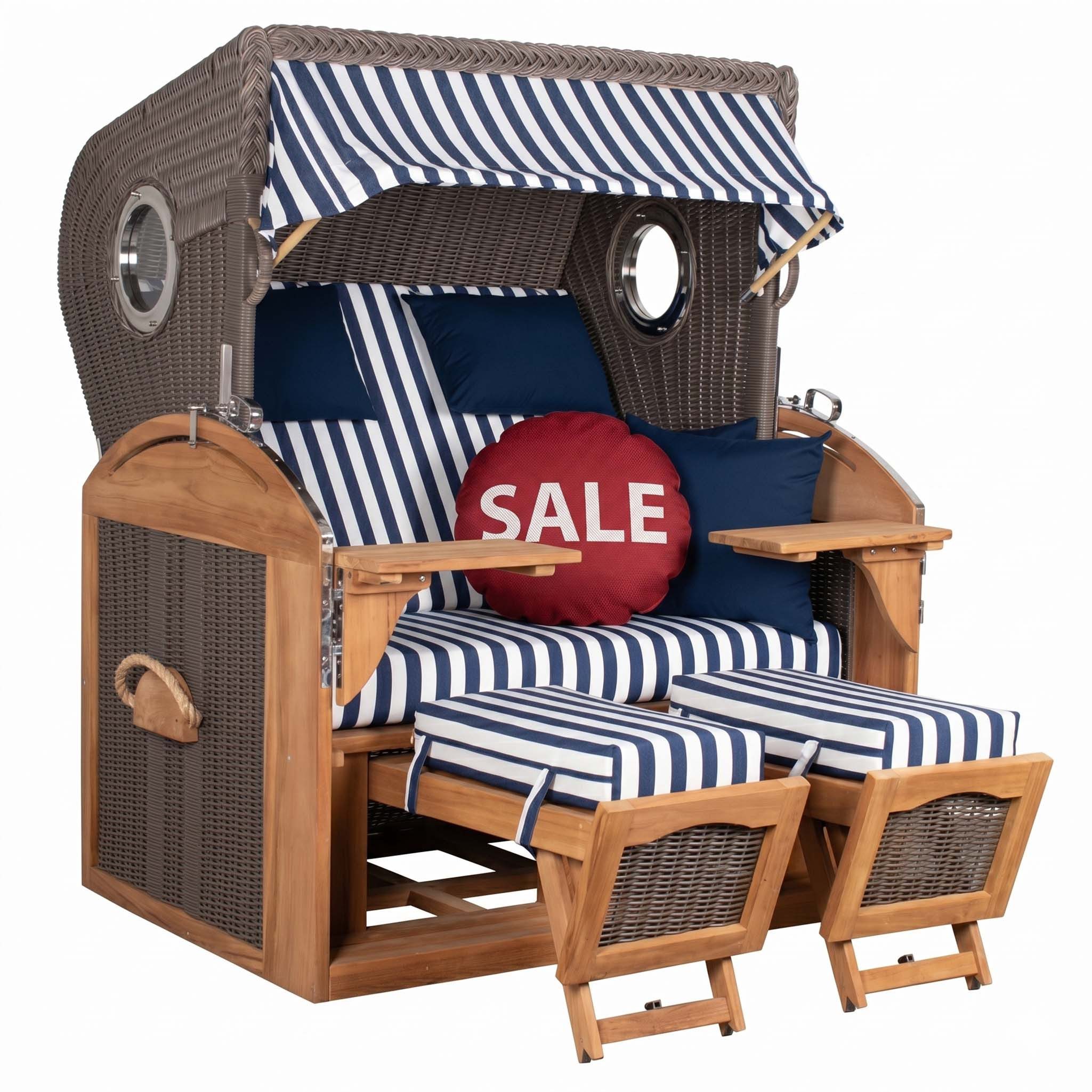 MR.DEKO Strandkorb XL Schillig Volllieger Teak PE Grey 2,5-Sitzer Bullauge, BxTxH: 142x95x170 cm, Vollieger, Schillig XL, (bereits montiert, ideal für Garten, Terasse und großen Balkon, 1-tlg), 2,5 Sitzer Strandkorb XL, Vollieger verstellbar