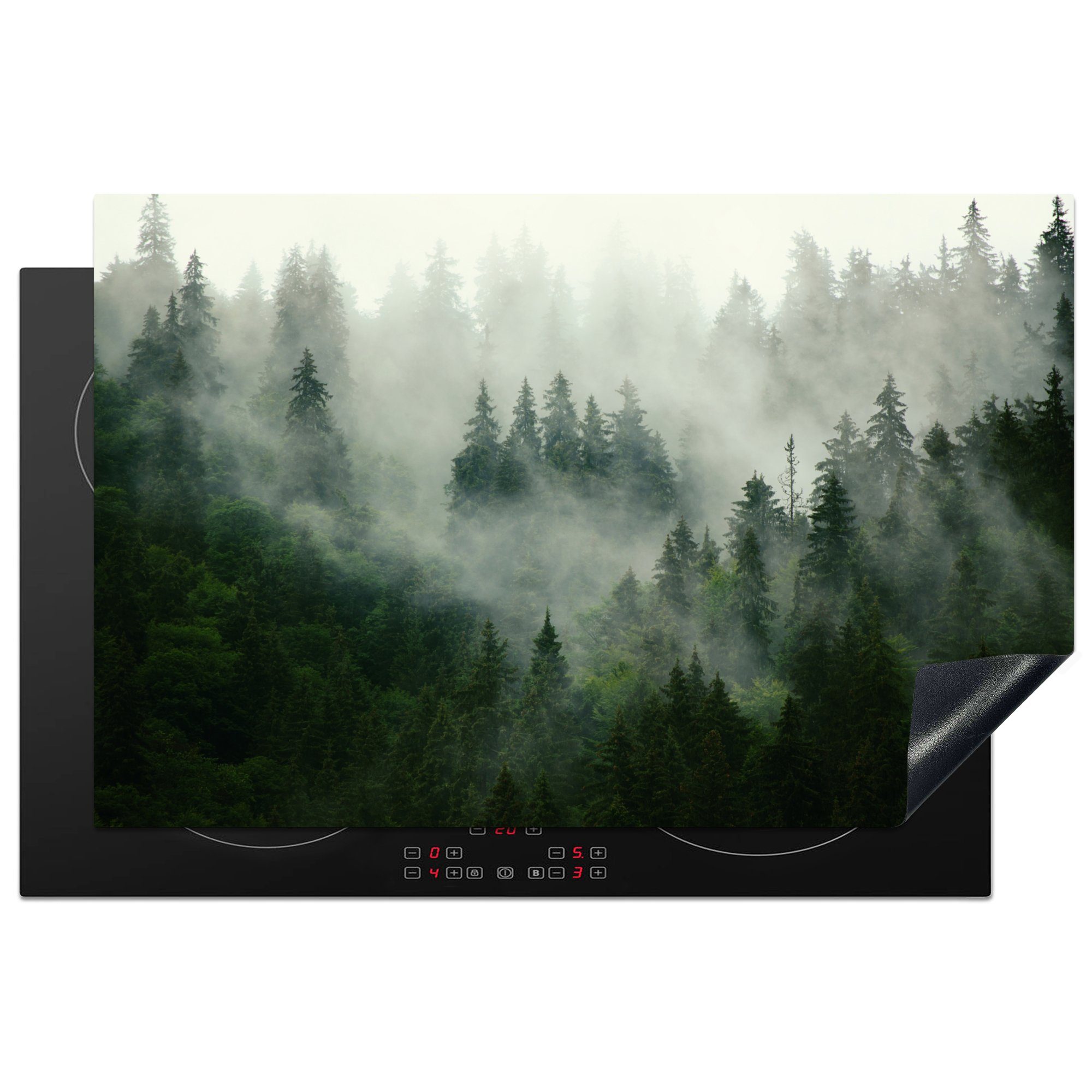 MuchoWow Herdblende-/Abdeckplatte Wald - Nebel - Bäume - Natur, Vinyl, (1 tlg), 81x52 cm, Induktionskochfeld Schutz für die küche, Ceranfeldabdeckung