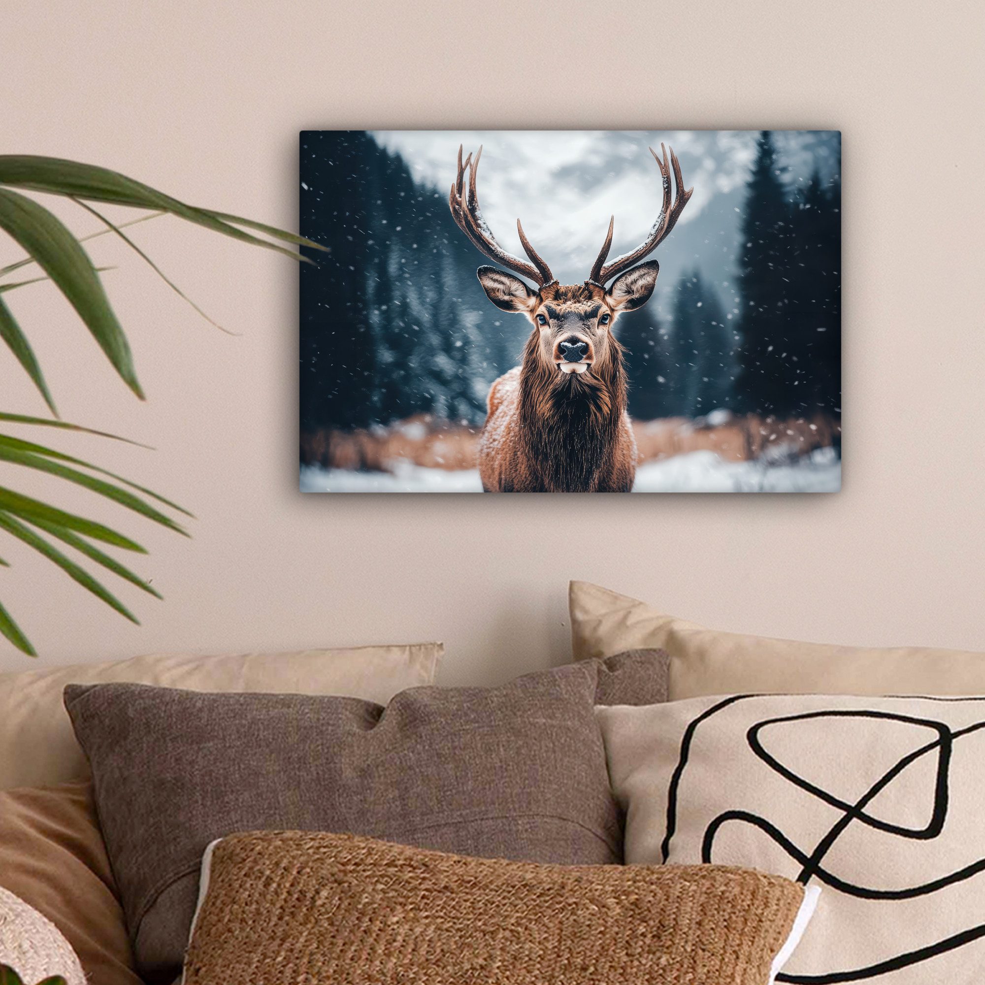 OneMillionCanvasses® Leinwandbild Hirsche - Tiere - Landschaft - Winter - S günstig online kaufen