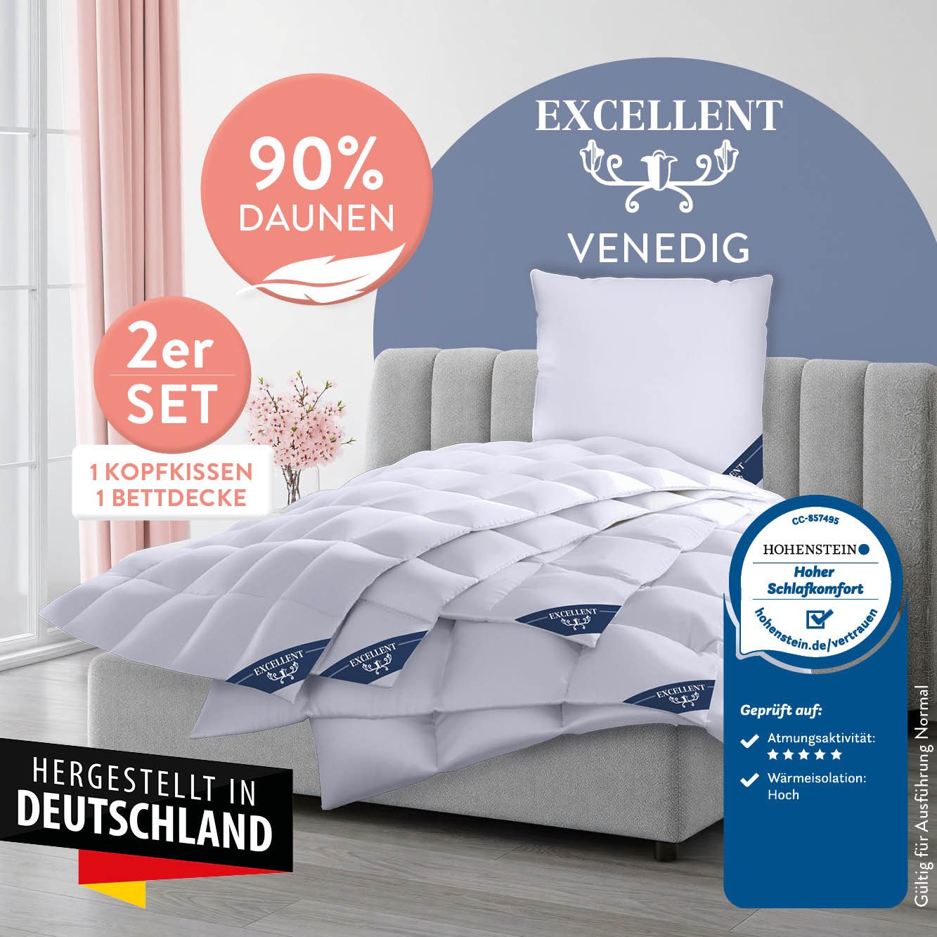 Excellent Daunenbettdecke + 3-Kammer-Kopfkissen Venedig, 2-tlg, hergestellt in Deutschland, verschiedene Größen, Füllung: Bettdecke: 90% Daunen, 10% Federn, Bezug: 100% Baumwolle, Decke mit Kissen,Set, Sommer, Winter, Bettdecke 135x200 cm, 155x220 cm