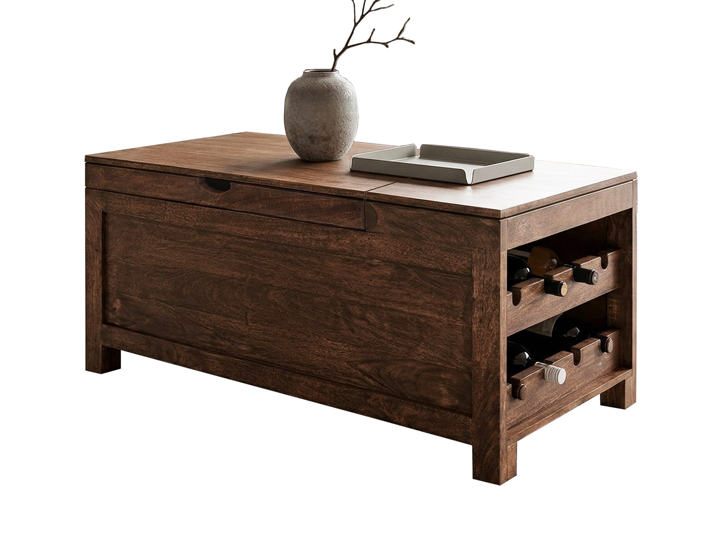 Massivart® Couchtisch Wohnzimmertisch, B 110 cm, Massivholz Mangoholz gebeizt »MANGALA«, montiert · Weingitter für 12 Flaschen · Truhentisch · viel Stauraum