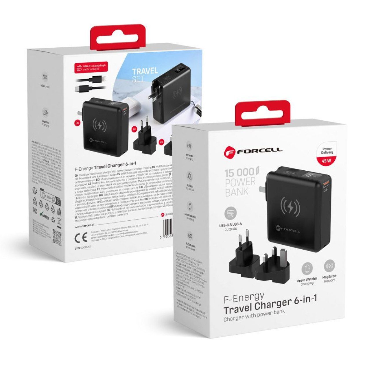 Forcell F-ENERGY Universal-Ladegerät (2400 mA, Inklusive 2 Kabel + Netzsteckeraufsätze (EU/UK/US), 6in1 Ladegerät mit Powerbank, 45W USB-C, kabellos, 15000 mAh)