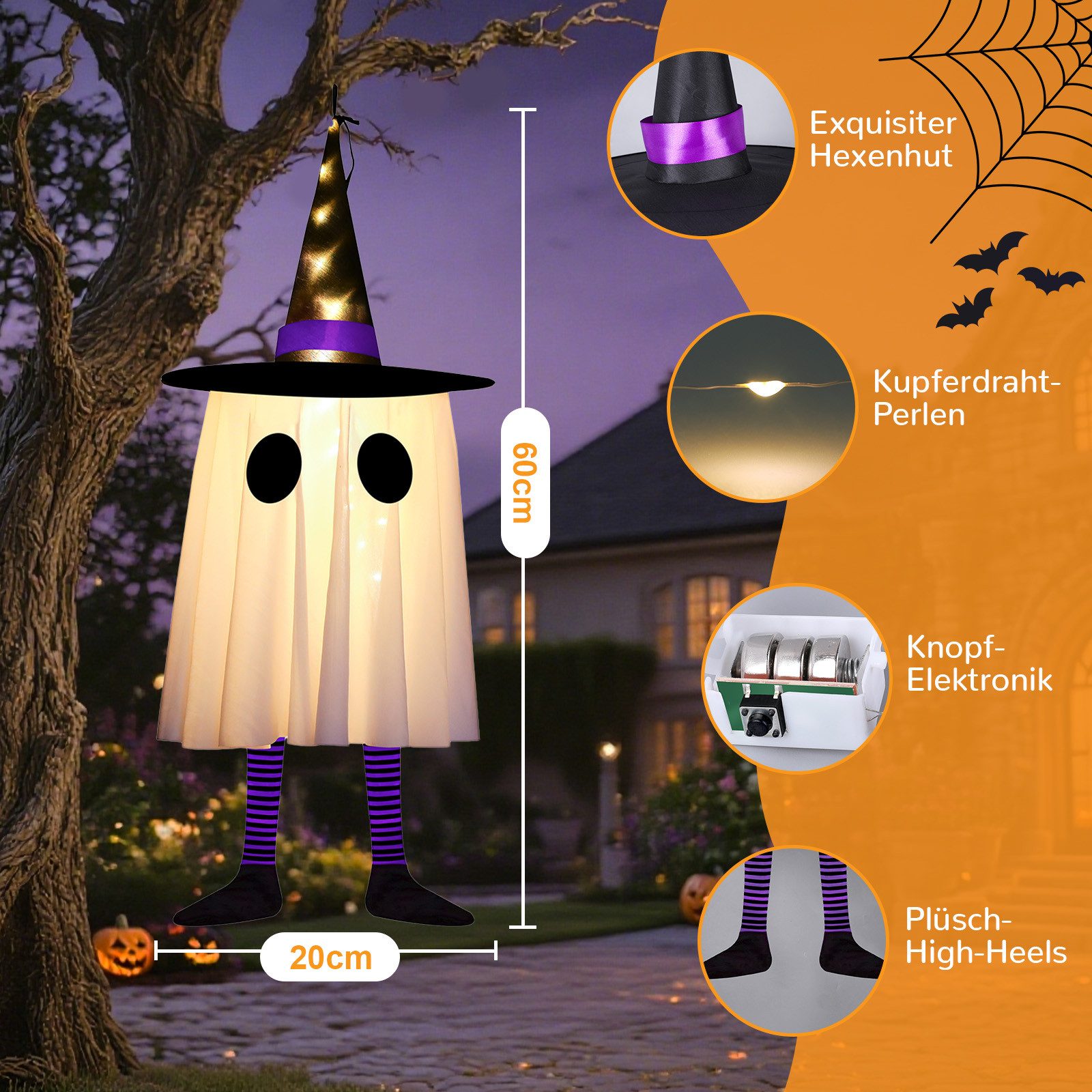 MUPOO LED Dekolicht Dekohänger LED-Lichterkette Geister-Hexenhut Halloween-Deko, 3 Modi, Lila, Batteriebetrieb, Halloween-Dekoration Innen