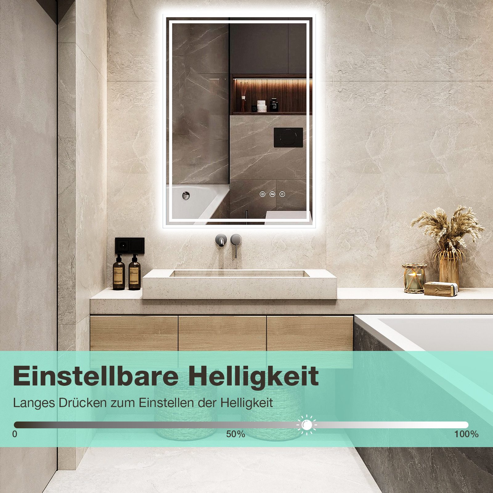 GIMBELEN Badspiegel Badezimmerspiegel mit LED-Beleuchtung, Touchschalter, IP44-Schutz (1-St), 50x70 cm, 3 Lichtfarben, dimmbar, Anti-beschlag – Bild 5 von 5