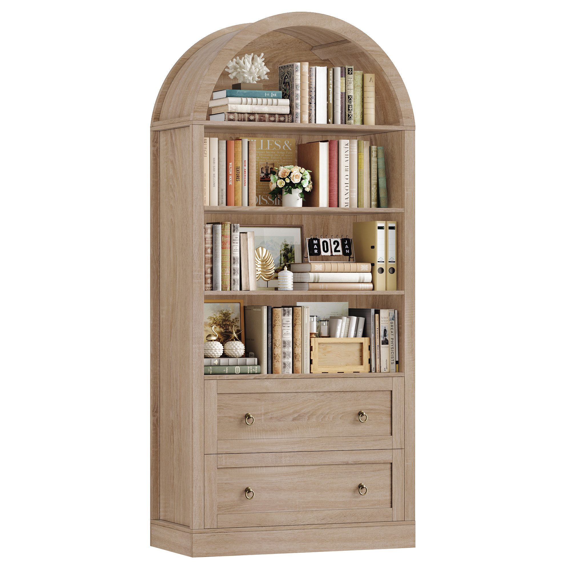 Homfa Bücherregal gewölbter Bücherschrank mit 2 Schubladen, Standregal mit 8 offenen Fächern Büroregal Holz 177x79,5x36cm