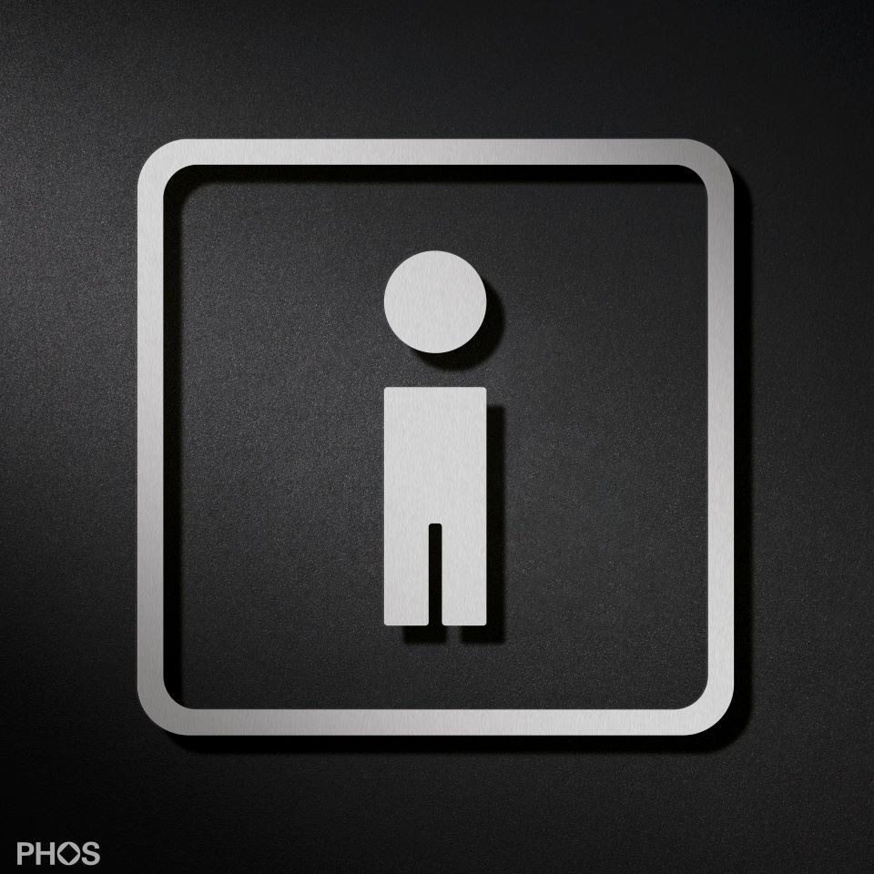 PHOS Design Hinweisschild, WC-Piktogramm aus Edelstahl - Herren (Design-Award), selbstklebend, (Modell: P0301S), mit Rahmen - 100% Made in Germany