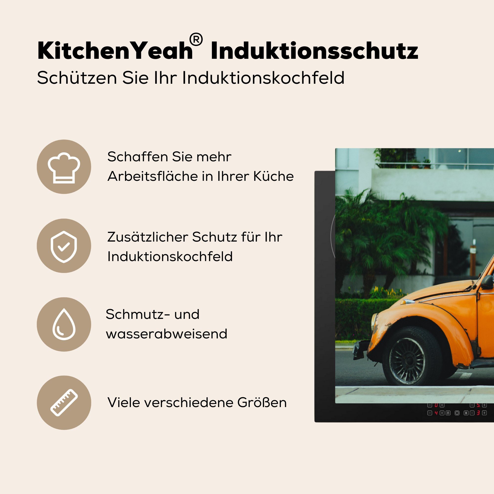 MuchoWow Herdblende-/Abdeckplatte Auto - Oldtimer für Orange, Arbeitsplatte küche Ceranfeldabdeckung, Vinyl, - cm, tlg), 83x51 (1