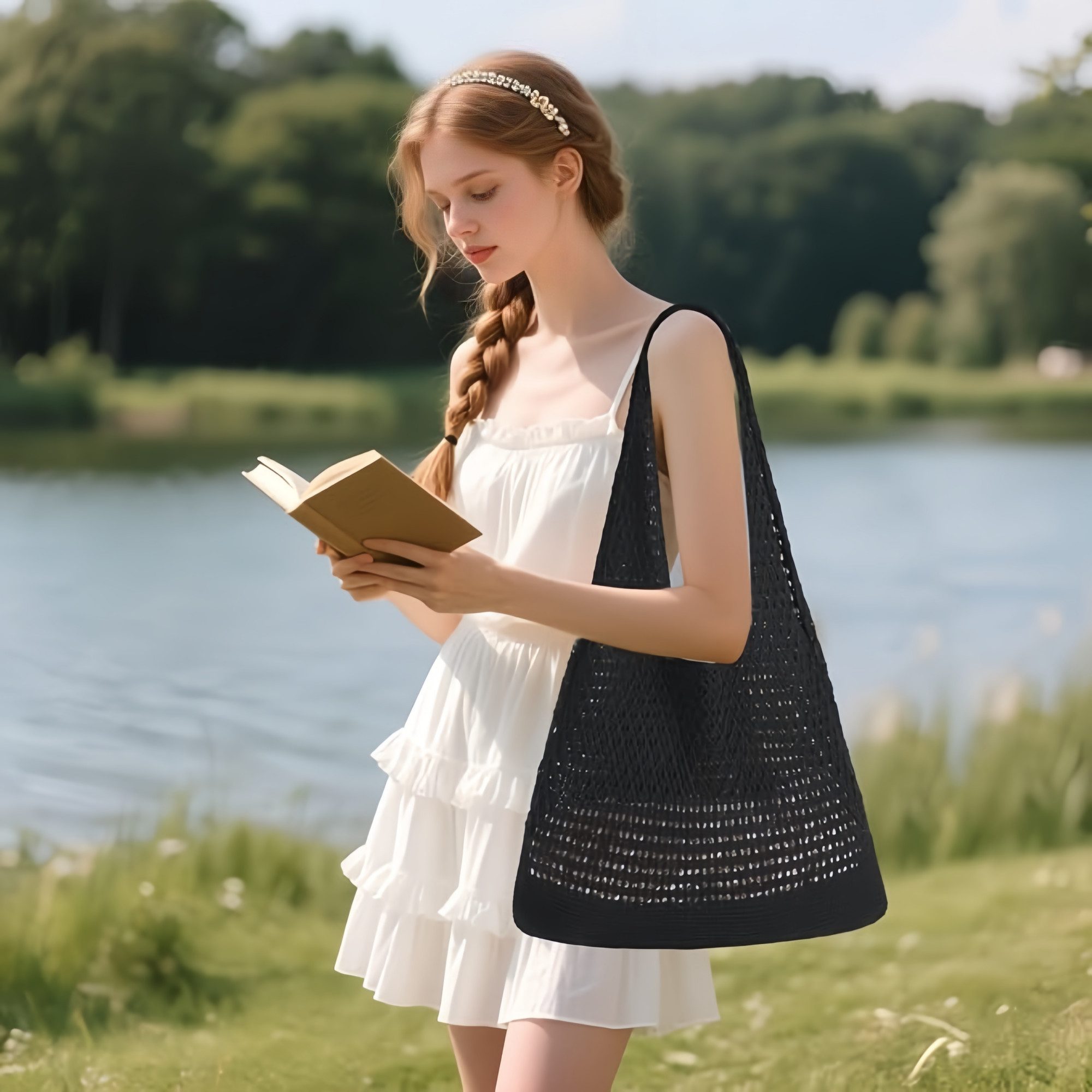 FOUORTUNATE-BEE Schultertasche Boho Stricktasche – Groß, vielseitig und perfekt für den Alltag, Modische Bohemian Stricktasche für Freizeit und Alltag