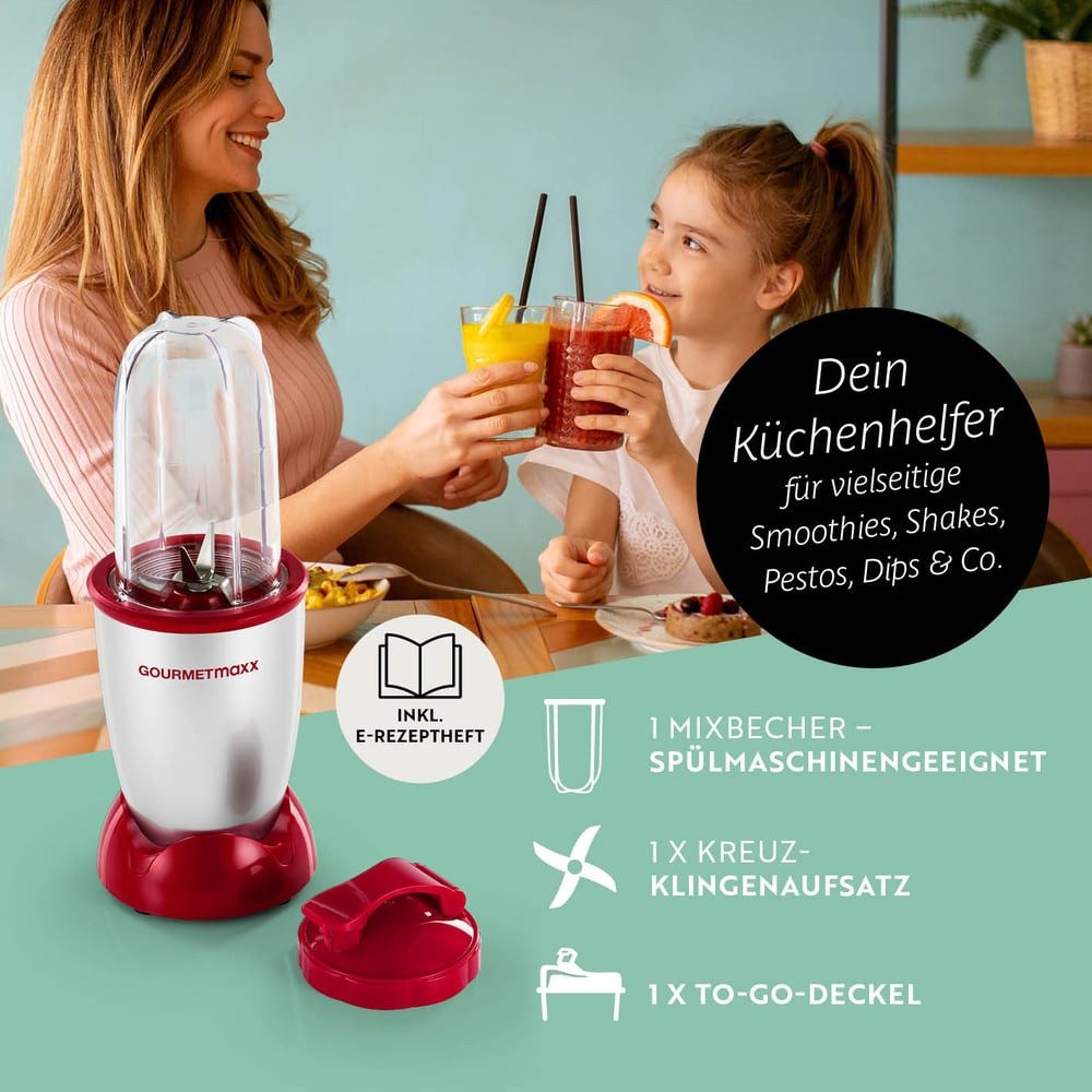 GOURMETmaxx Standmixer Mr. Magic 4-tlg. 400W silber/rot, 400 W, Elektrischer Mini-Mixer 500ml pürieren Smoothies Shakes Cocktails