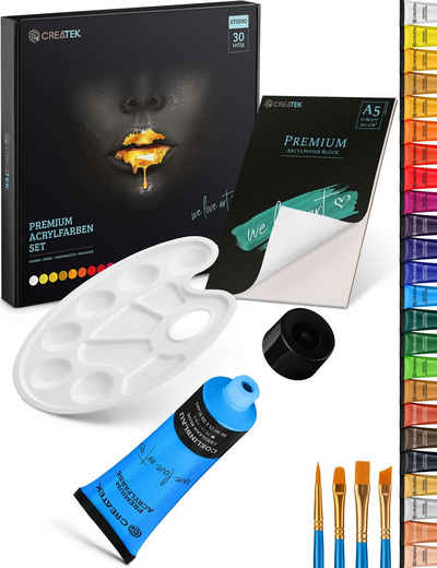 CreaTek Acrylfarbe Acrylfarben Set, 24x36ml Tuben + 4 Pinsel, Mischpalette + Acryl Block, Inklusive 5 Std. Video Kurs