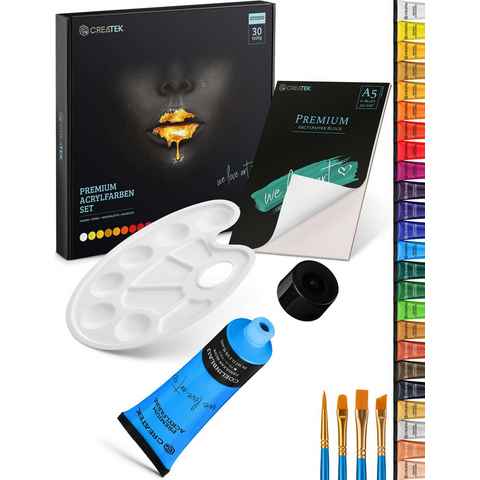 CreaTek Acrylfarbe Acrylfarben Set, 24x36ml Tuben + 4 Pinsel, Mischpalette + Acryl Block, Inklusive 5 Std. Video Kurs