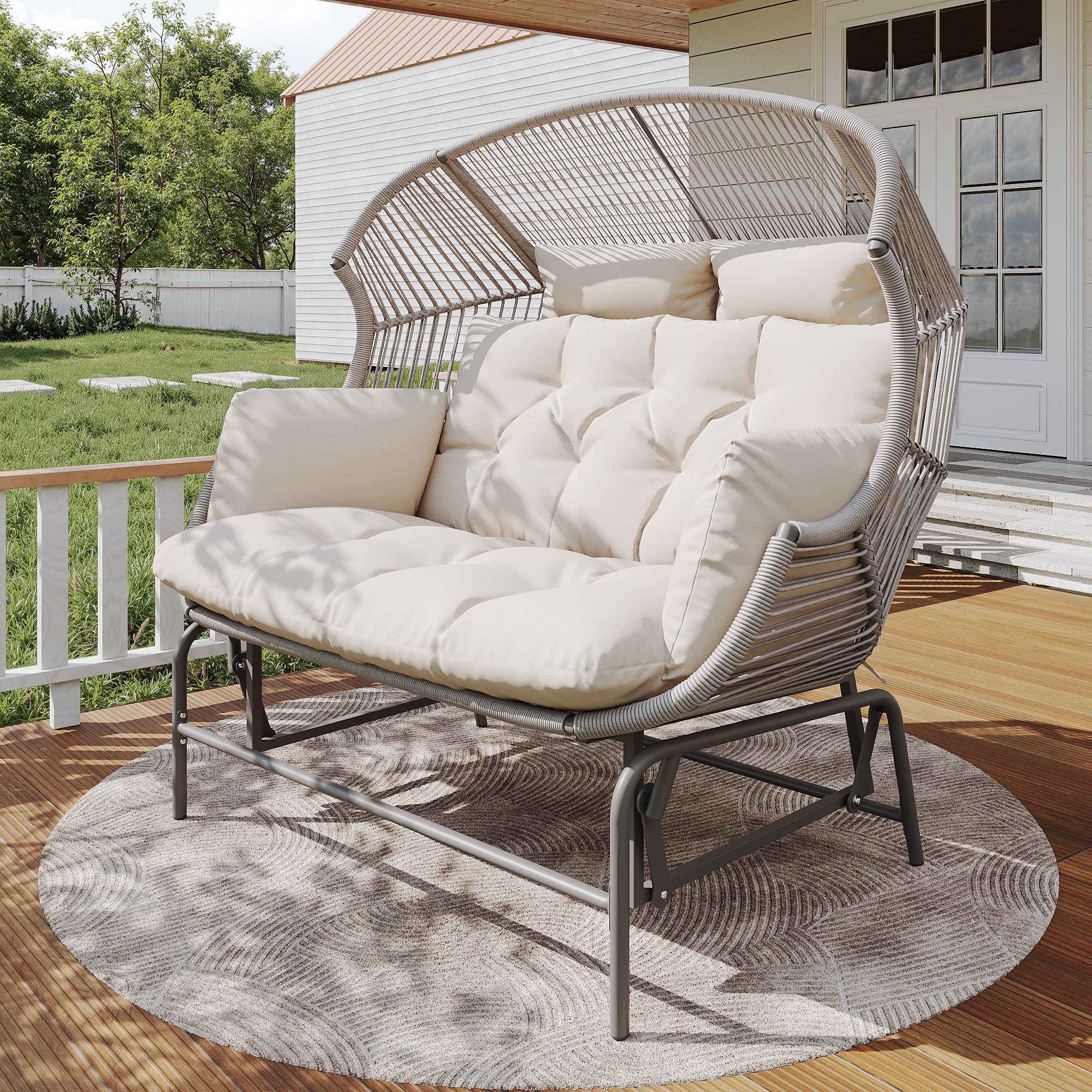 Merax Hollywoodschaukel, 2-Sitzer, Schlaffunktion, Gartenschaukel Rattan Hängesessel Outdoor Schwingsessel Doppelschaukel