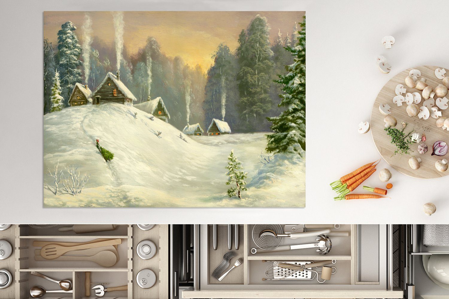 70x52 (1 MuchoWow Winter Haus Landschaft Arbeitsfläche Vinyl, cm, - - - tlg), Mobile Ceranfeldabdeckung nutzbar, Herdblende-/Abdeckplatte Wald,