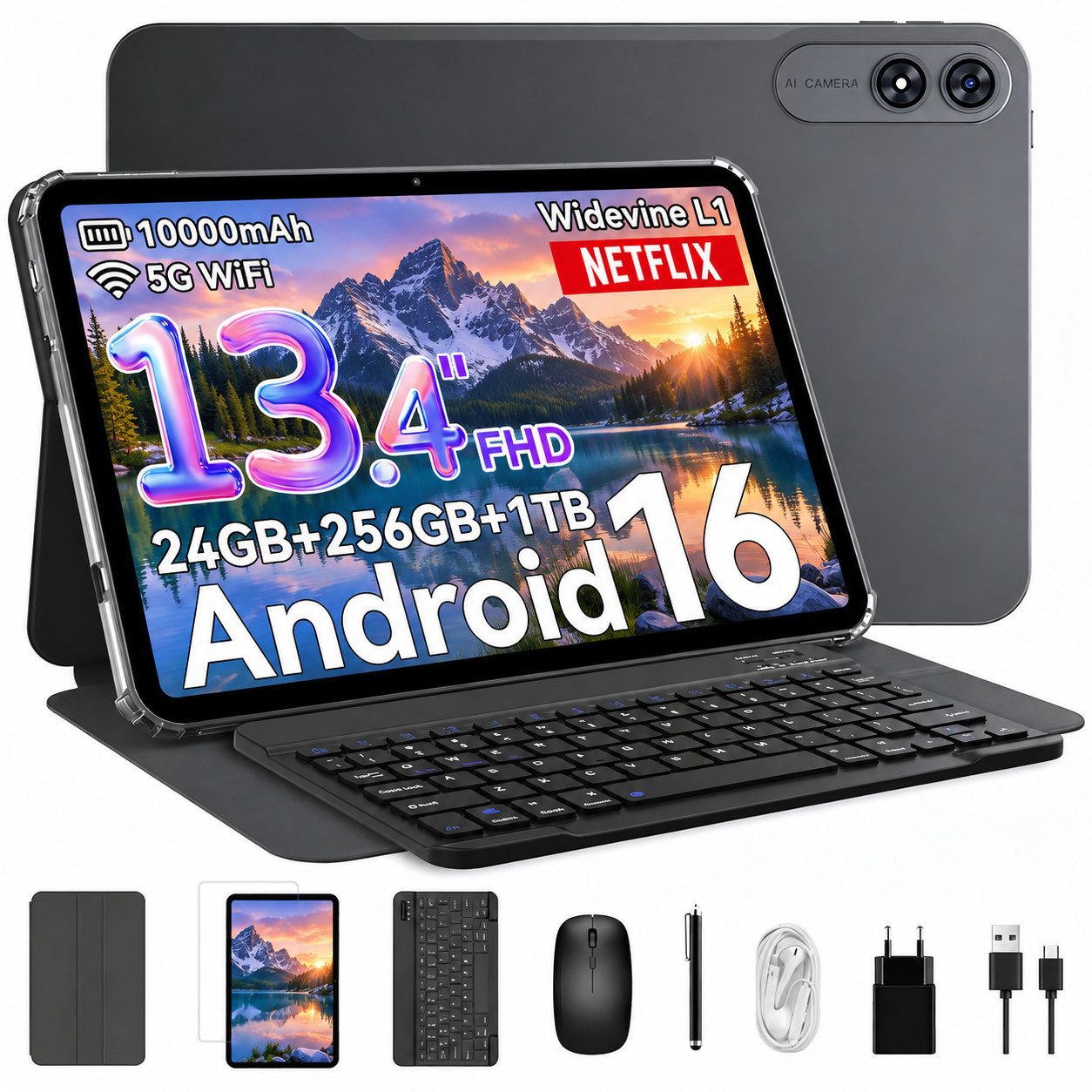 VekfulPC 13.4" Android 16 10000mAh mit Tastatur Maus Kopfhörer Stift Tablet (13.4", 256 GB, Android16, 120Hz, Octa-Core, FHD+IPS, Gemini AI, mit Zubehör/Kabel-Headset,5GWiFi)