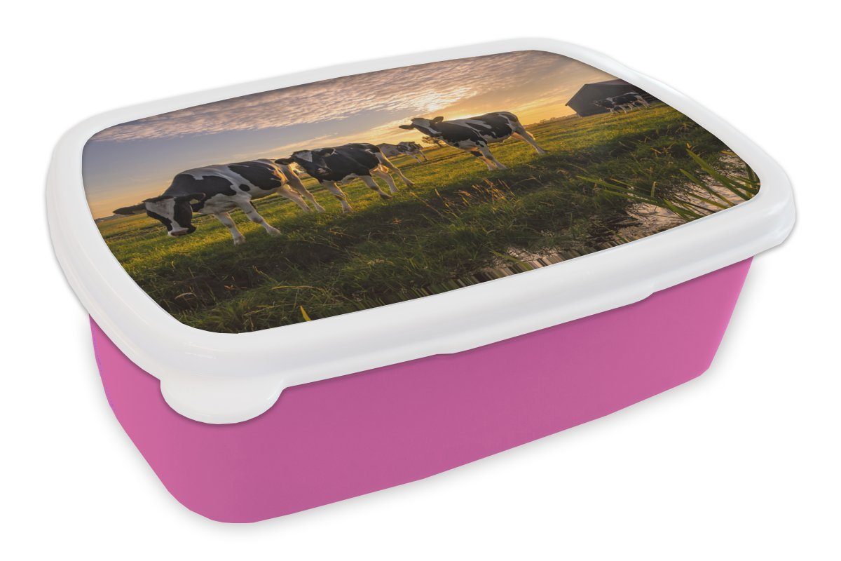 MuchoWow Lunchbox Kuh - Tier - Wiese, Kunststoff, (2-tlg), Brotbox für Erwachsene, Brotdose Kinder, Snackbox, Mädchen, Kunststoff rosa