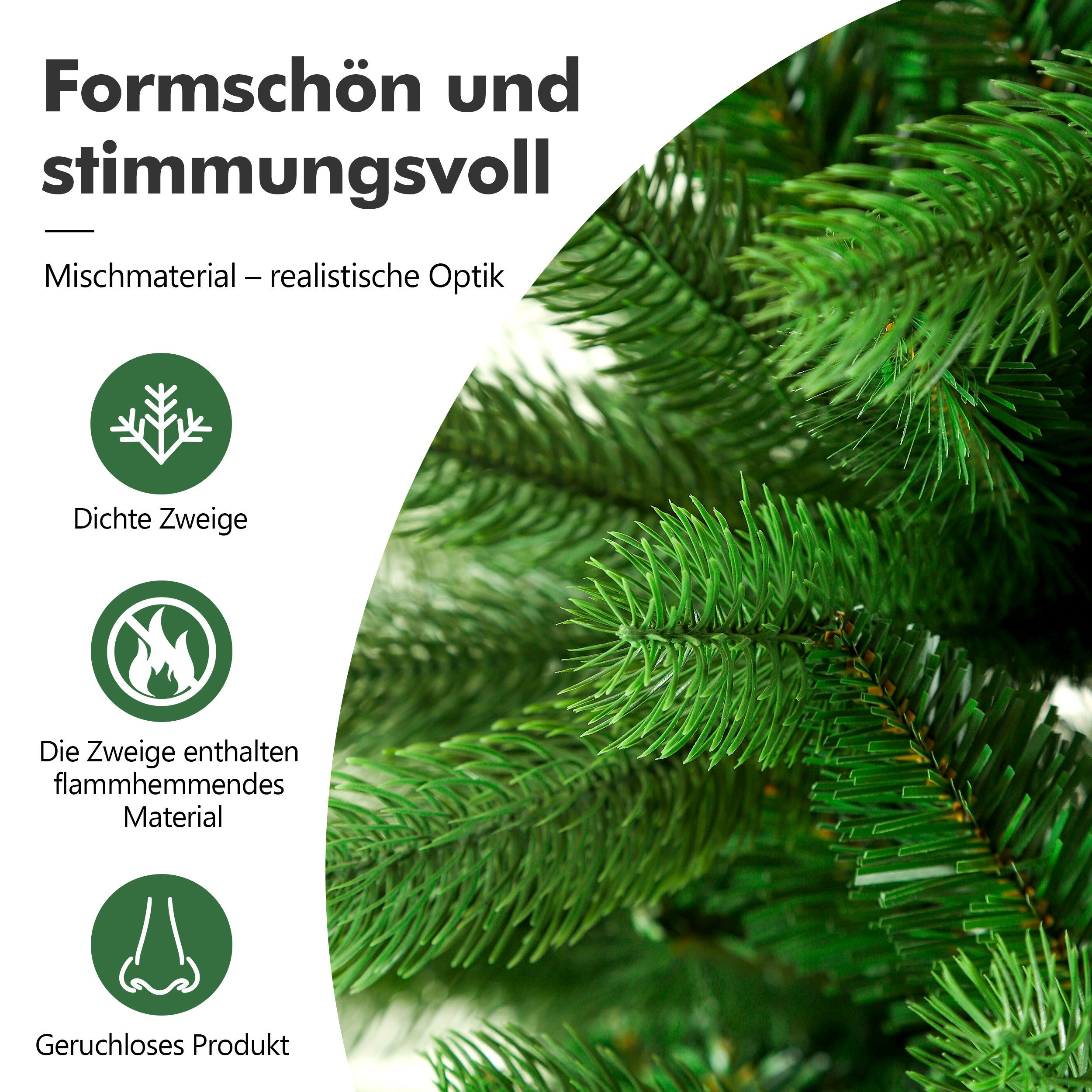 WHEELYOU Künstlicher Weihnachtsbaum 210 cm Tannenoptik, PE+PVC, 400 LEDs, Holzständer, 8 Lichtmodi, Dichte Tannenform, PE+PVC-Zweige, Holzfuß, warmgelbe Beleuch – Bild 5 von 5
