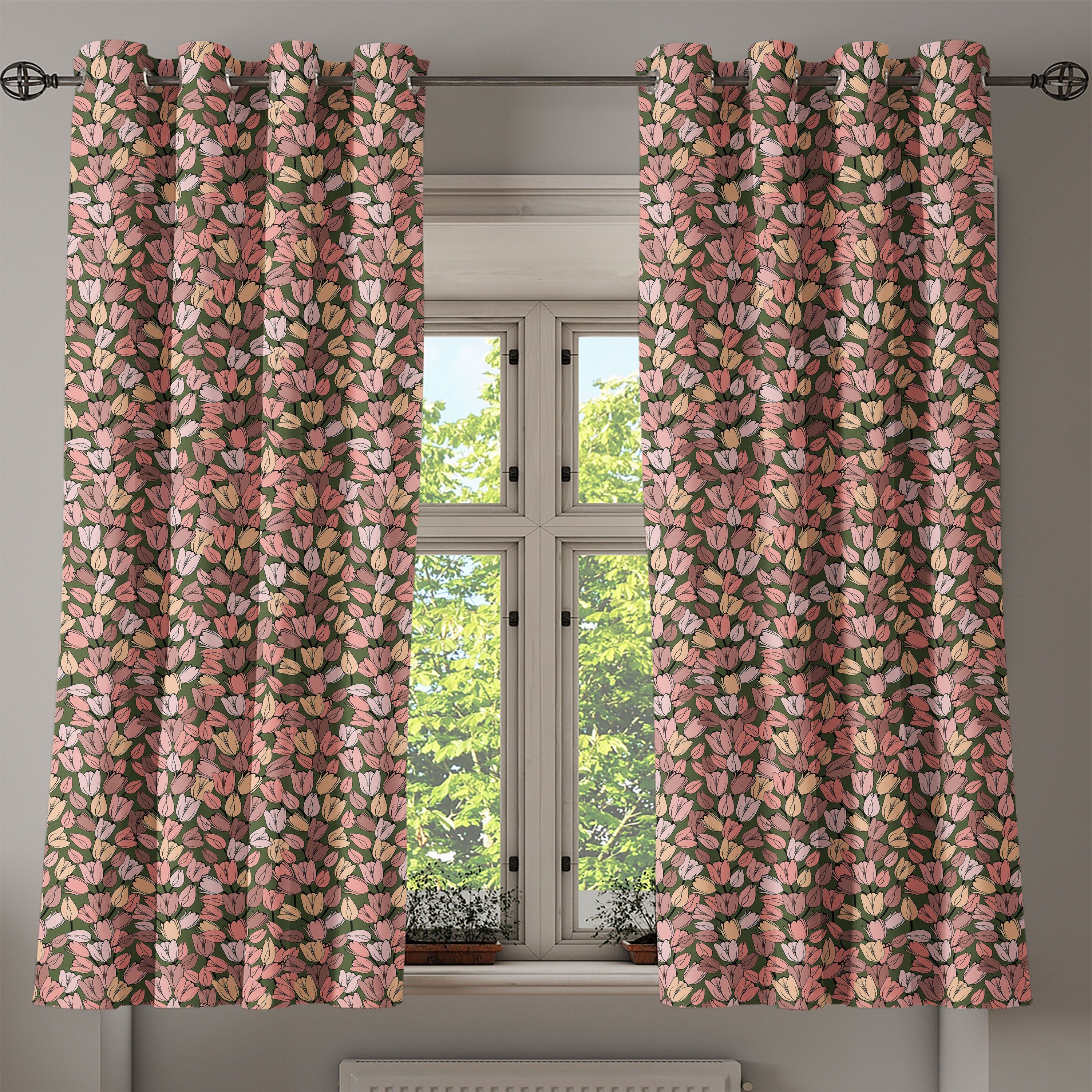Gardine 2-Panel-Fenstervorhänge Abakuhaus, Blumen für Schlafzimmer Wohnzimmer, Retro Frühling Dekorative Tulpen