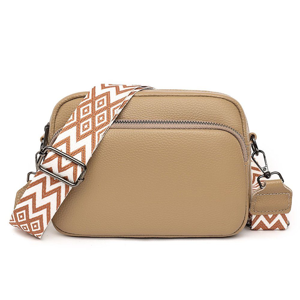 NUODWELL Umhängetasche Umhängetasche Leder fächern Khaki Gurt Damen, Bag Breiter 3 Crossbody mit