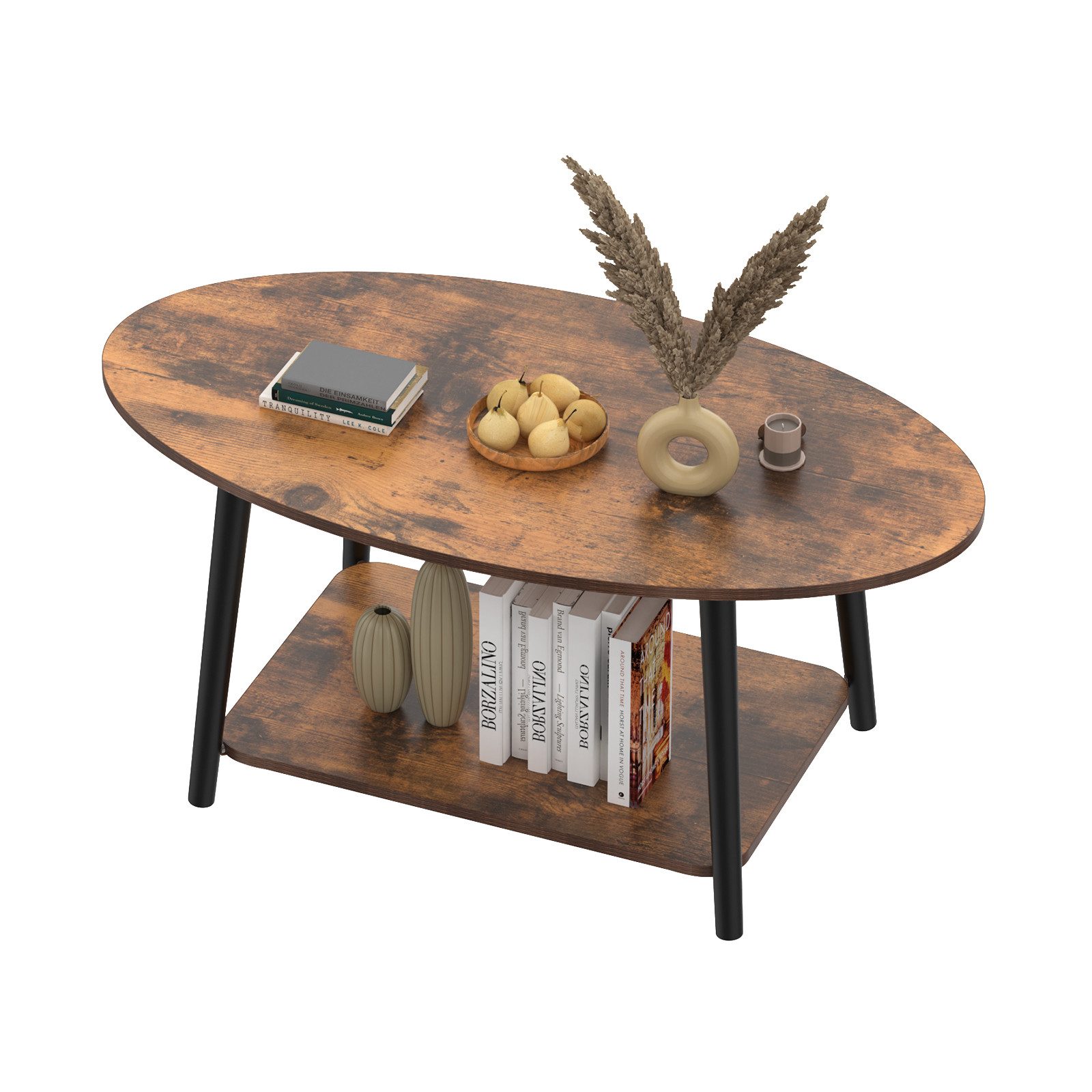 JEOBEST Couchtisch Doppelschicht Couchtisch, Beistelltisch Sofatisch mit Ablagen, Wohnzimmertisch Oval 100 x 53 x 45cm, einfacher Aufbau